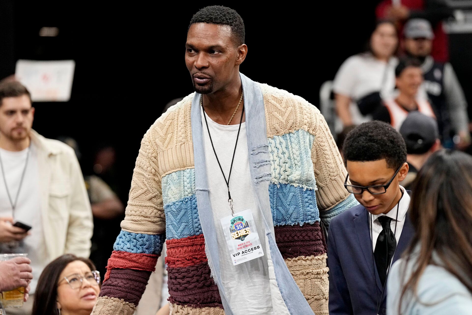 NBA Hall of Famer Chris Bosh attends a game between the San Antonio Spurs and the Denver Nuggets at Moody Center.