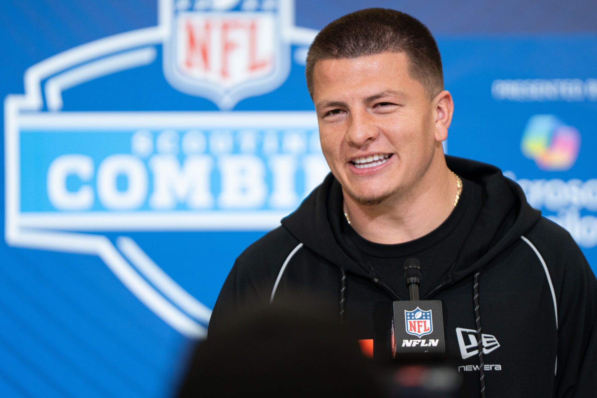 Vanderbilt quarterback Diego Pavia (QB14) speaks to members of the media during the NFL Combine at the Indiana Convention Center.