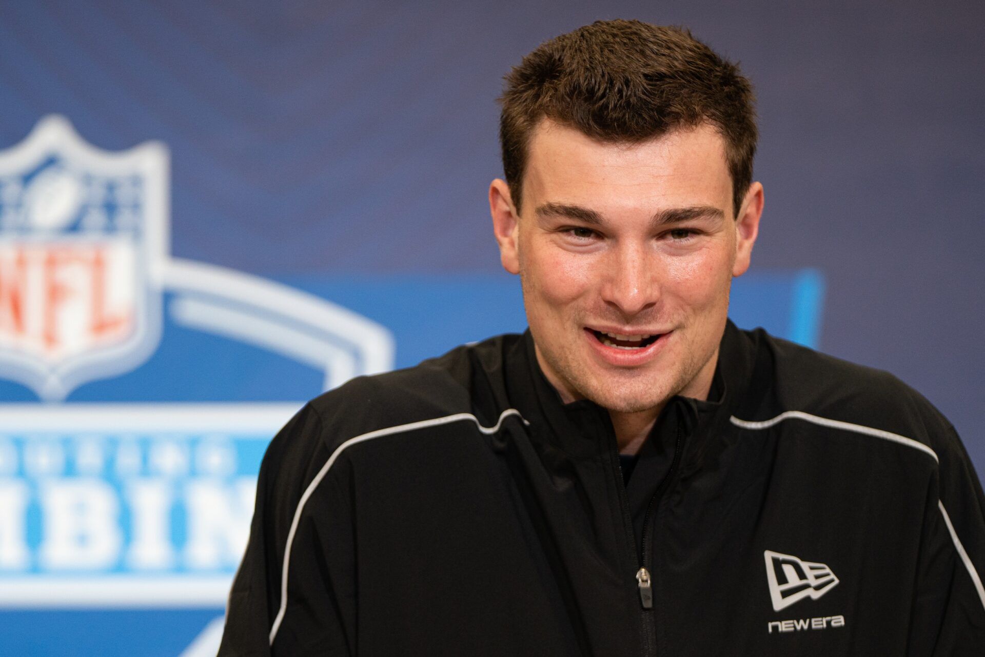 Indiana quarterback Fernando Mendoza (QB11) speaks to members of the media during the NFL Combine at the Indiana Convention Center.