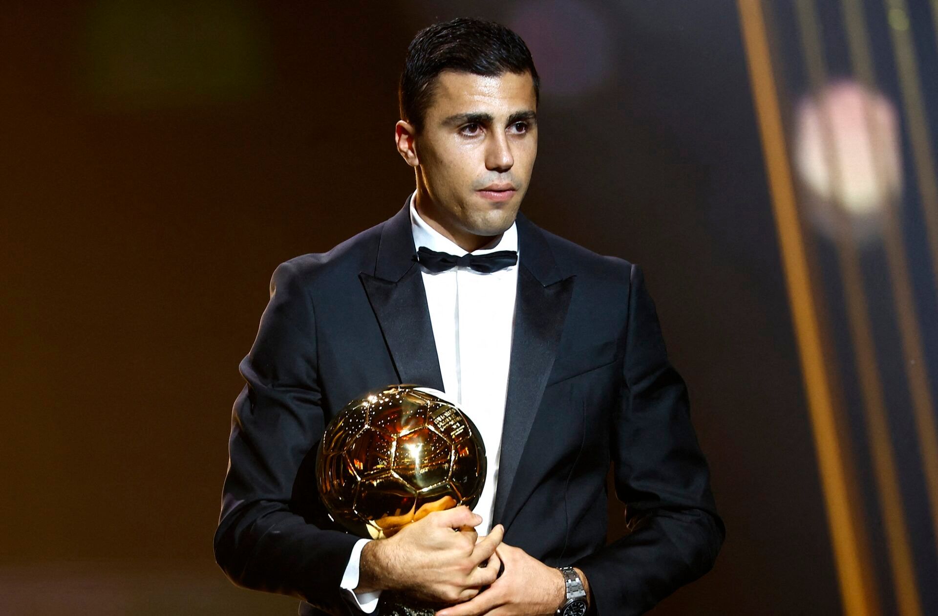 [US, Mexico & Canada customers only] Oct 28, 2024; Paris, FRANCE;  Spain and Manchester City player Rodri with the Ballon d'Or at Theatre du Chatelet.