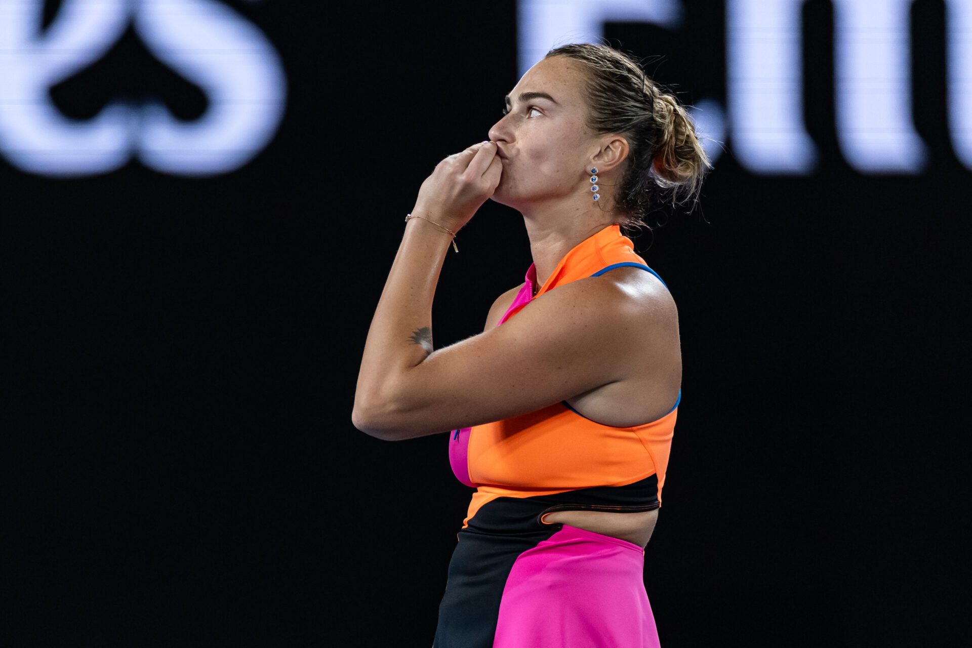 Aryna Sabalenka in action against Elena Rybakina of Kazakhstan in the final of the womens singles at the Australian Open at Rod Laver Arena in Melbourne Park.