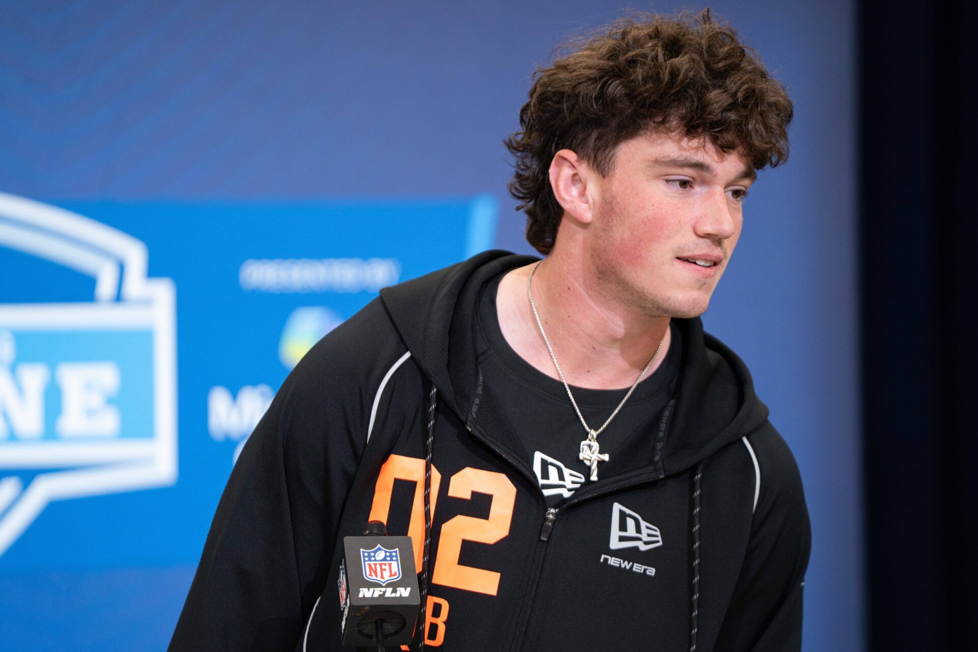 Penn State quarterback Drew Allar (QB02) speaks to members of the media during the NFL Combine at the Indiana Convention Center.