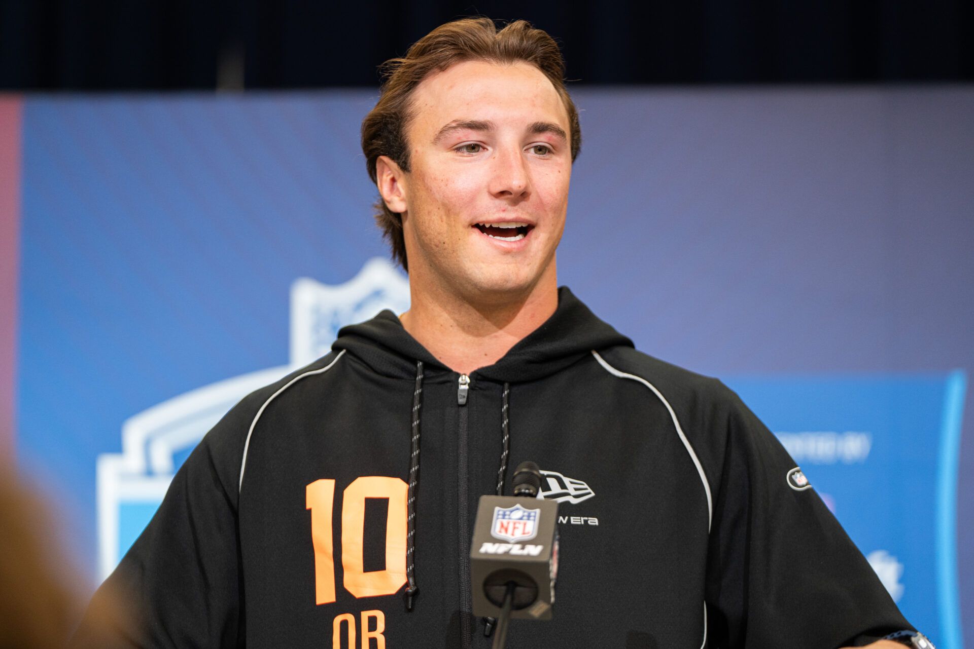 Clemson quarterback Cade Klubnik (QB10) speaks to members of the media during the NFL Combine at the Indiana Convention Center.