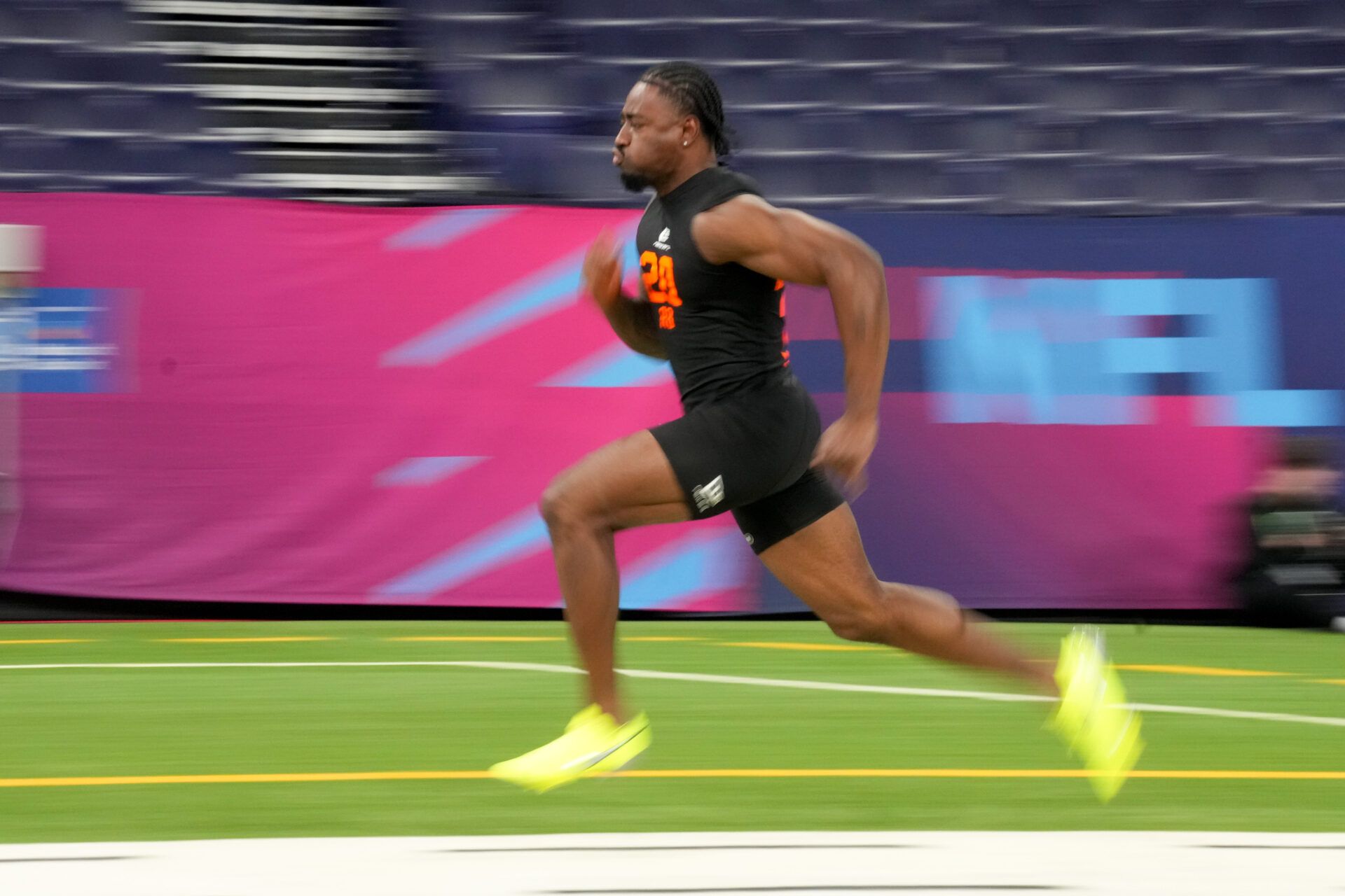 Arkansas running back Mike Washington Jr. (RB20) during the NFL Scouting Combine at Lucas Oil Stadium.