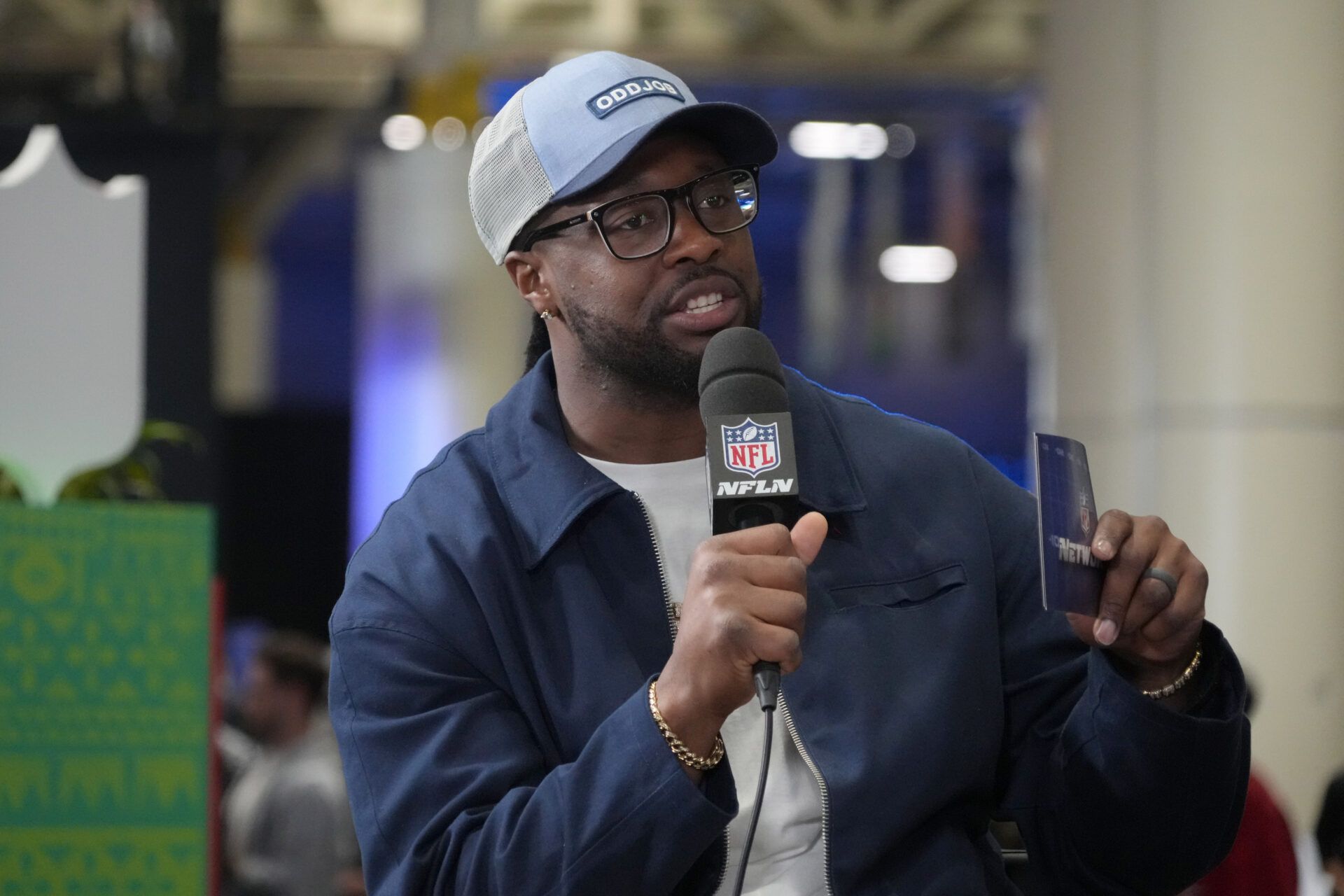 Gerald McCoy on the NFL Network set on Radio Row at the Super Bowl LIX media center.