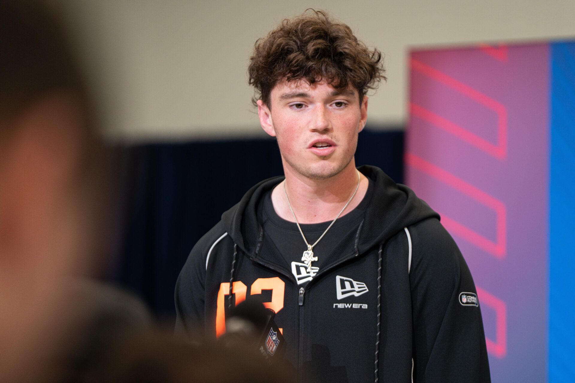 Penn State quarterback Drew Allar (QB02) speaks to members of the media during the NFL Combine at the Indiana Convention Center.