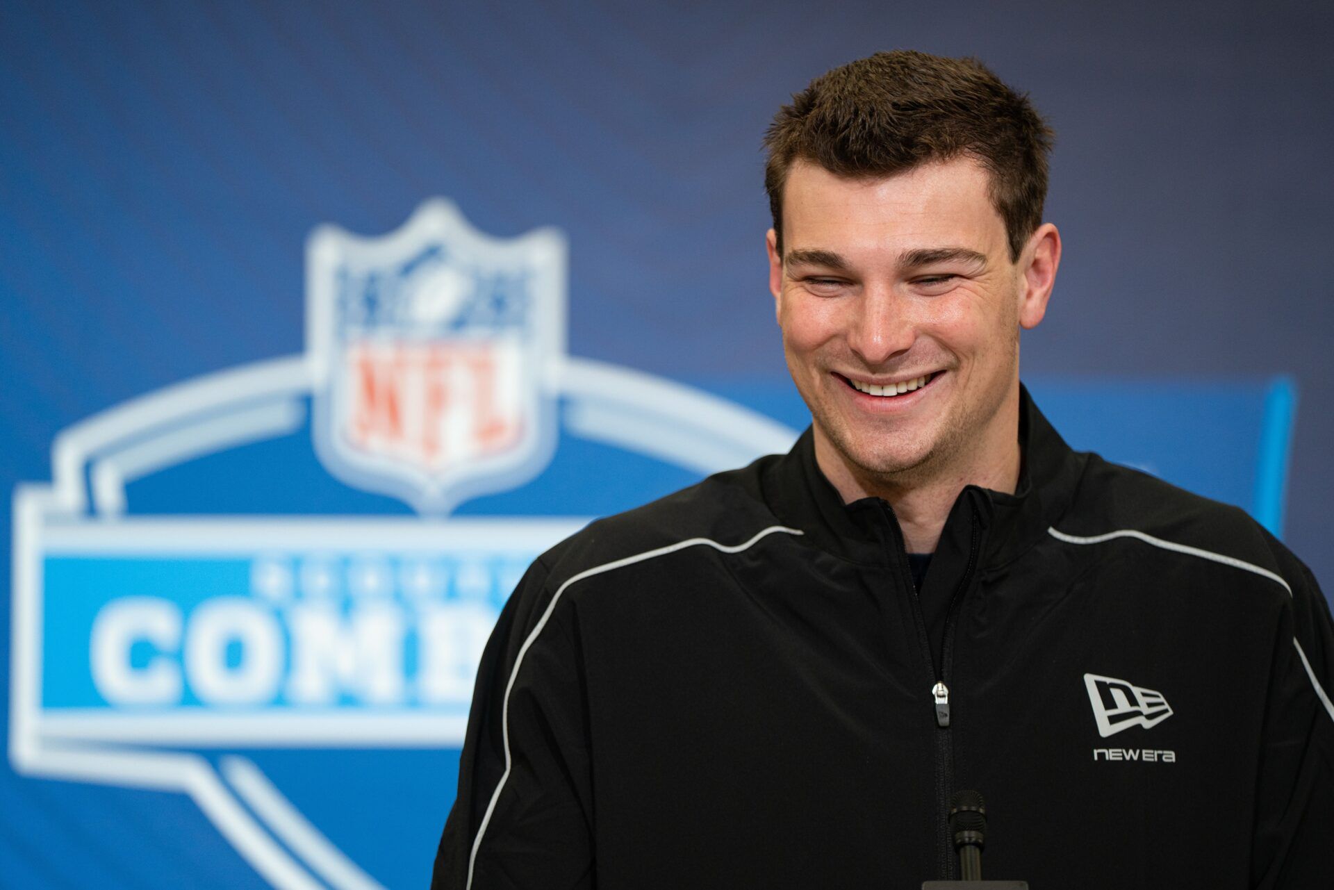 Indiana quarterback Fernando Mendoza (QB11) speaks to members of the media during the NFL Combine at the Indiana Convention Center.