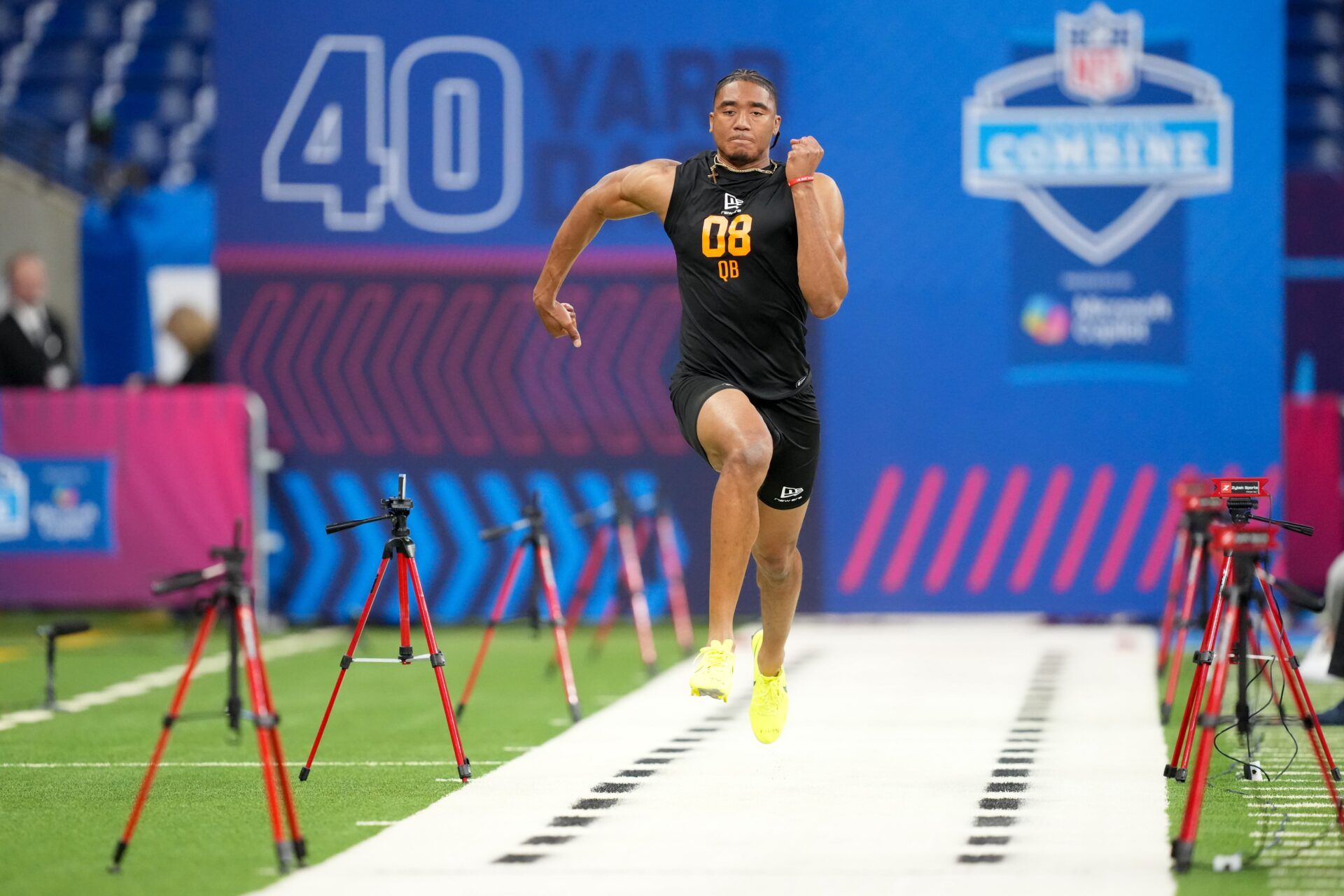 Arkansas quarterback Taylen Green (QB08) during the NFL Scouting Combine at Lucas Oil Stadium.