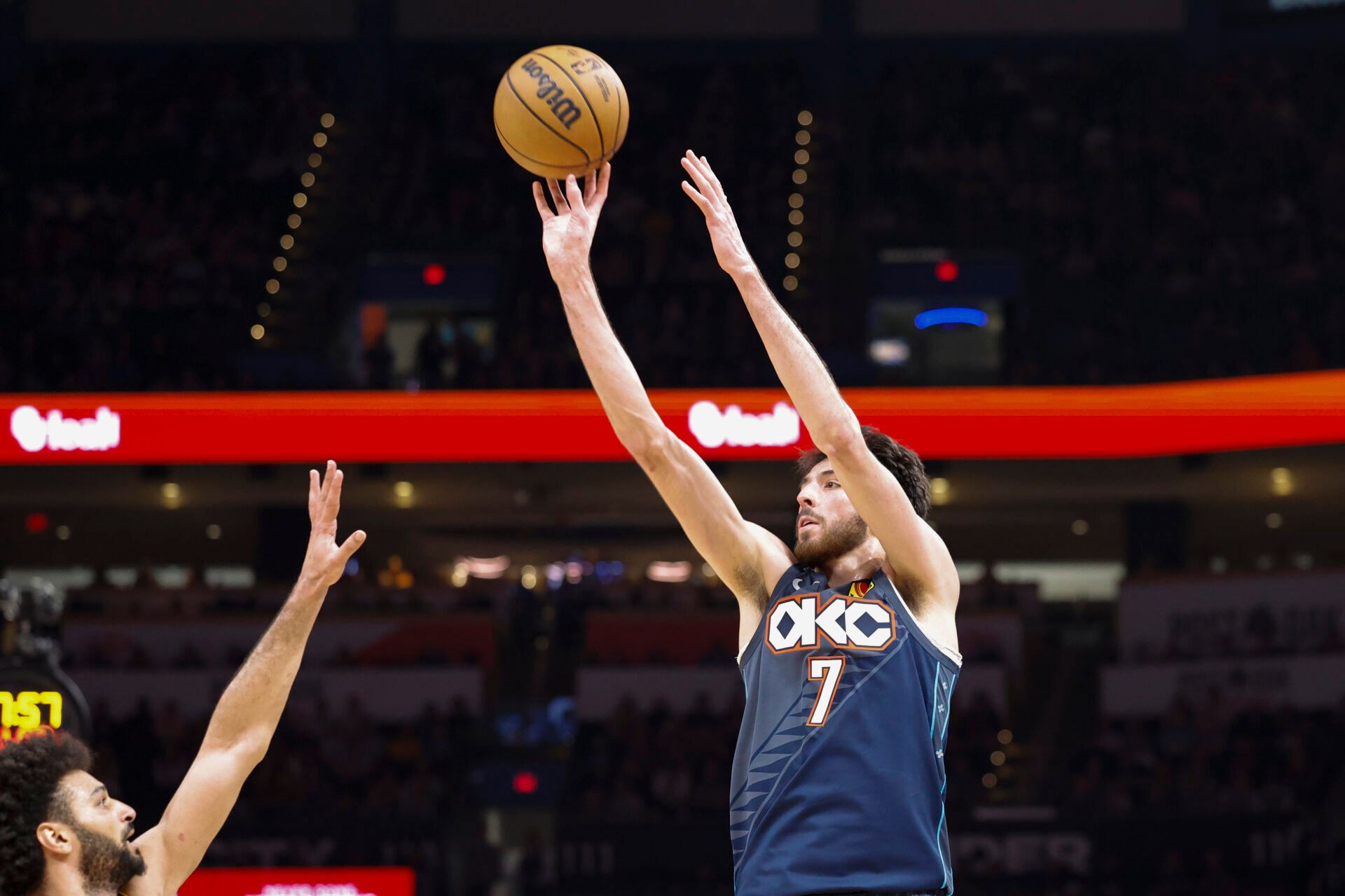 Oklahoma City Thunder center/forward Chet Holmgren (7) shoots against the Denver Nuggets during the third quarter at Paycom Center.