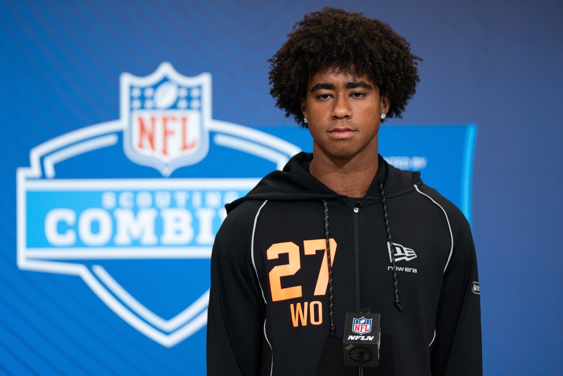 Southern California wideout Ja'Kobi Lane (WO27) speaks to members of the media during the NFL Combine at the Indiana Convention Center.