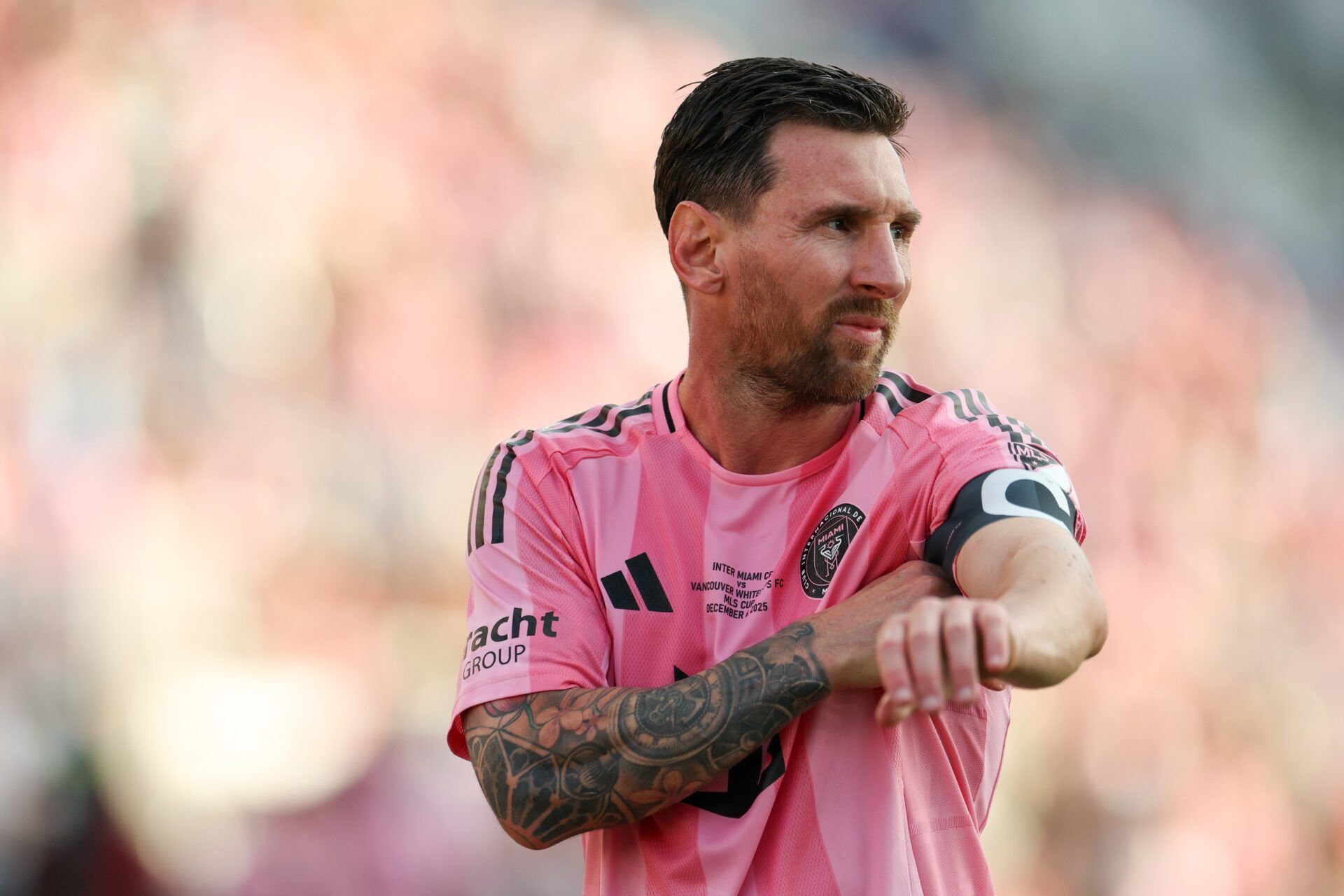 Inter Miami forward Lionel Messi (10) looks on in the second half during the 2025 MLS Cup against the Vancouver Whitecaps FC at Chase Stadium.