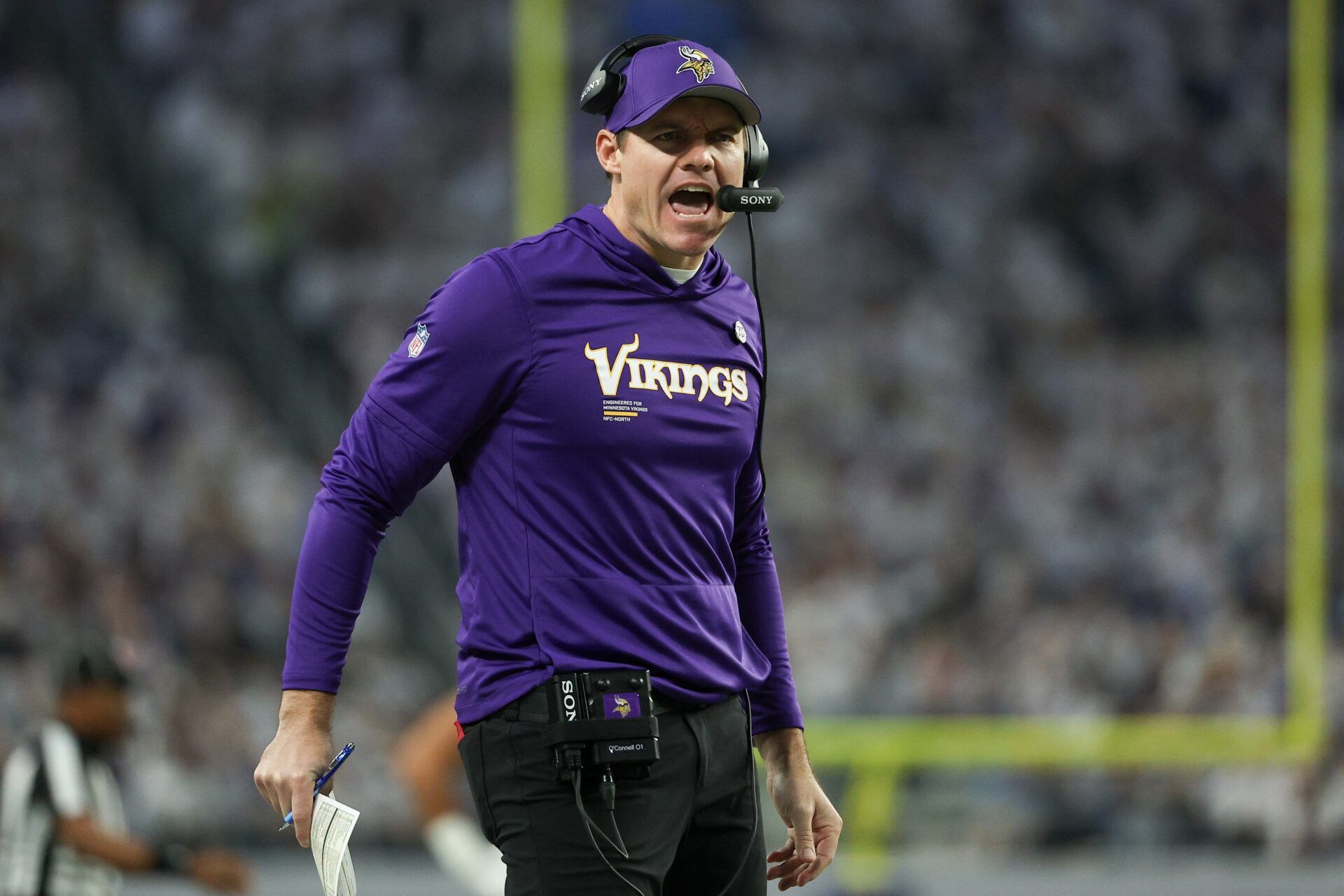 Minnesota Vikings head coach Kevin O'Connell reacts after a play against the Detroit Lions in the first quarter at U.S. Bank Stadium.