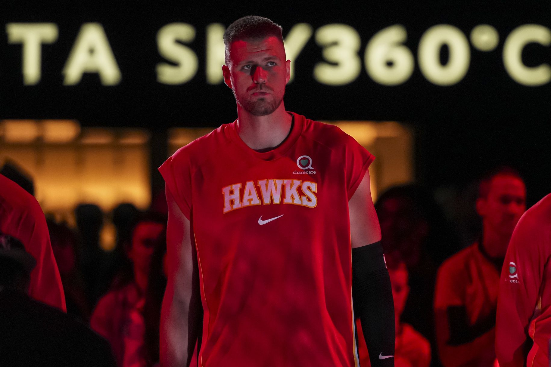 Atlanta Hawks center Kristaps Porzingis (8) shown before the start of the game against the Minnesota Timberwolves at State Farm Arena.