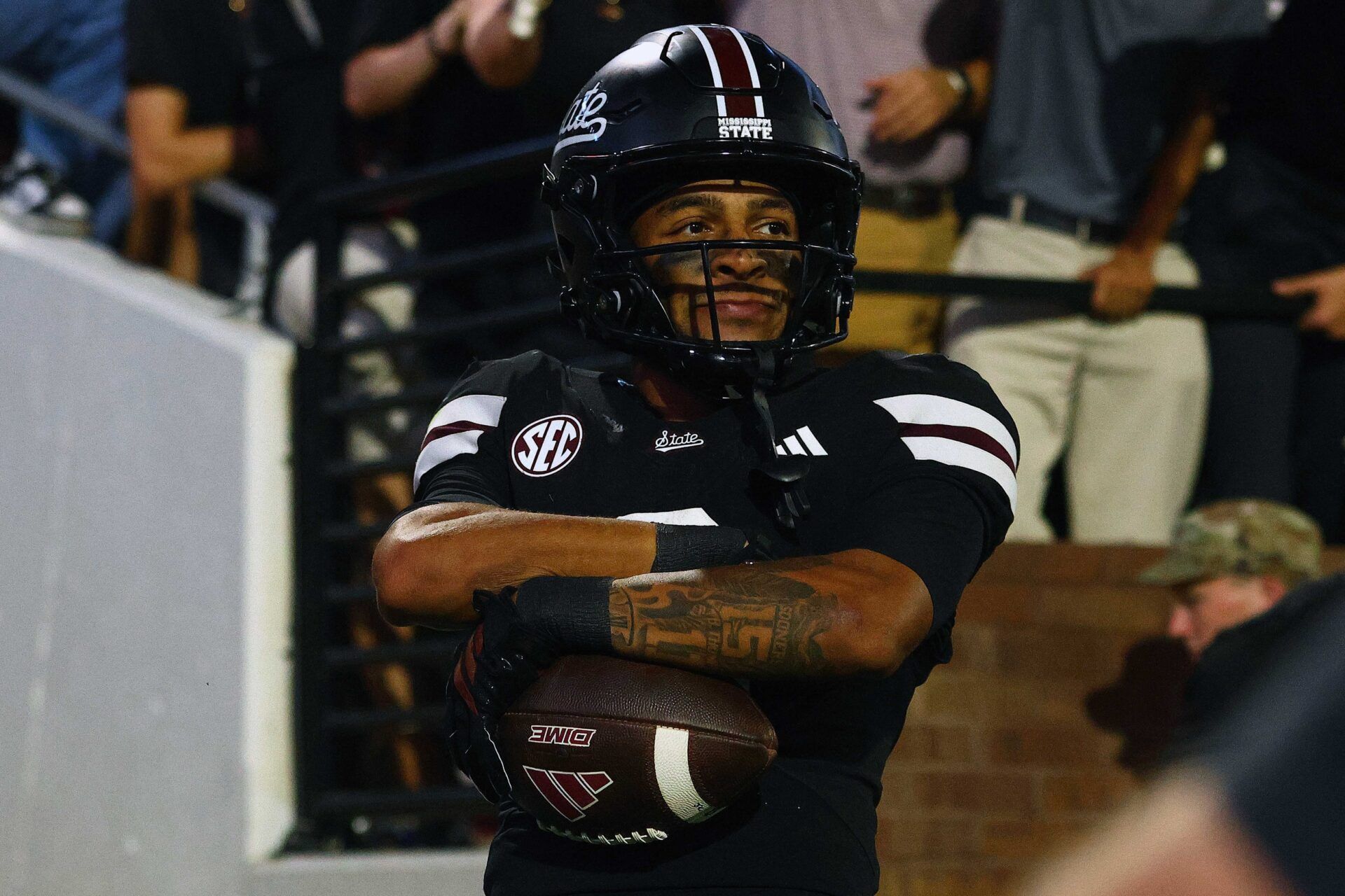 Mississippi State Bulldogs wide receiver Brenen Thompson (0) reacts after a touchdown during the second quarter against the Arizona State Sun Devils at Davis Wade Stadium at Scott Field.