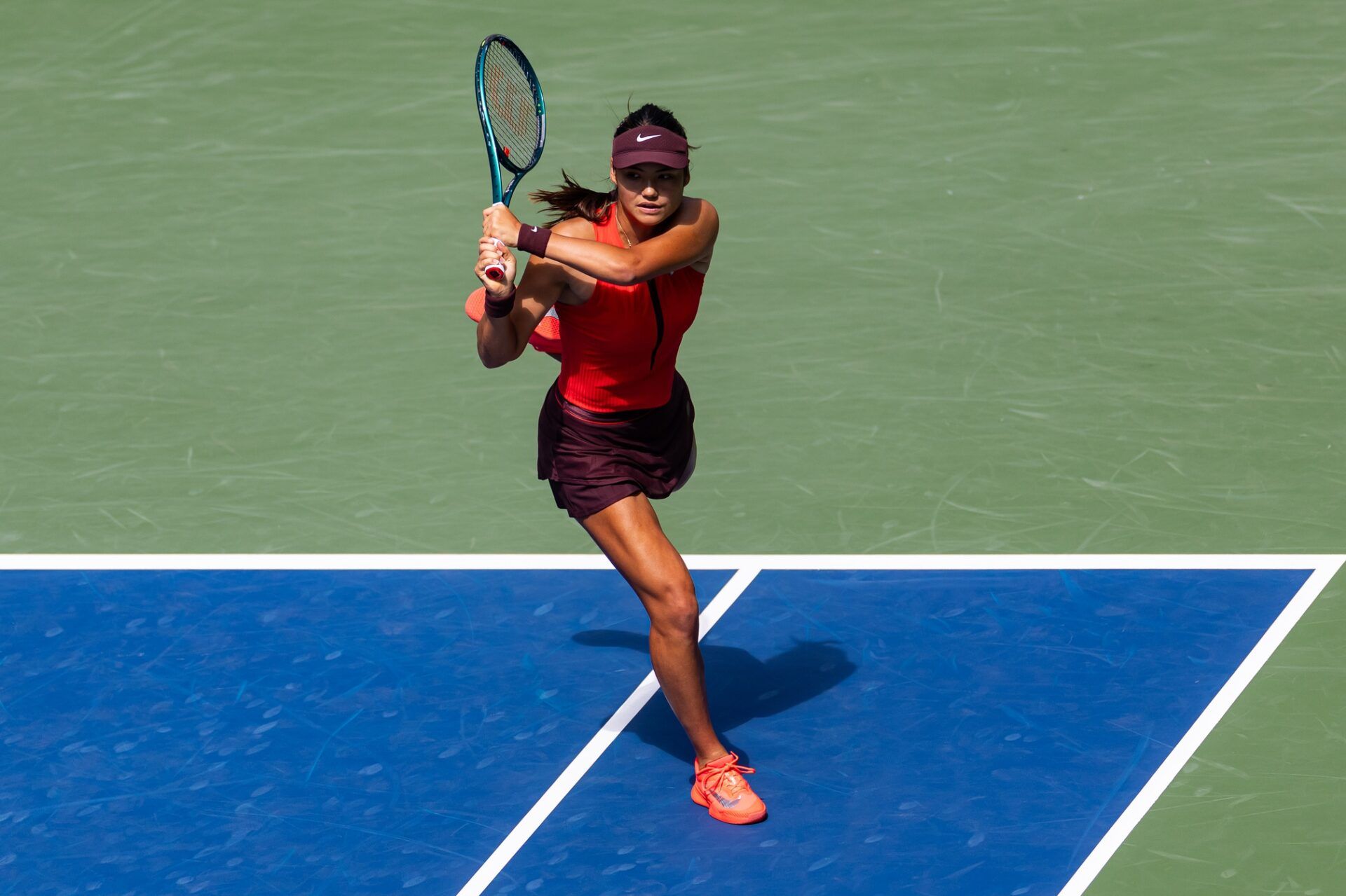 Emma Raducanu of United Kingdom in action against Elena Rybakina of Kazakhstan in the third round of the womens singles at the US Open at Louis Armstrong Stadium in Billie Jean King National Tennis Center.