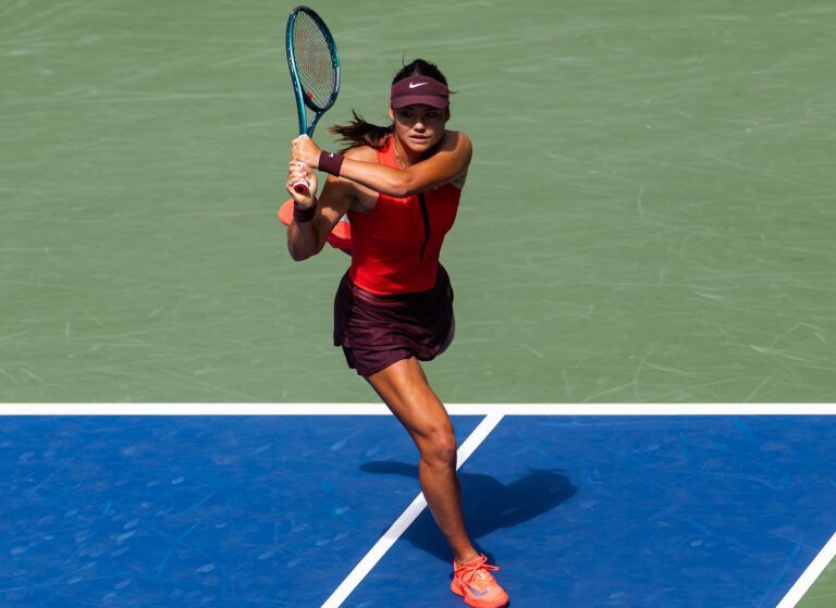 Emma Raducanu of United Kingdom in action against Elena Rybakina of Kazakhstan in the third round of the womens singles at the US Open at Louis Armstrong Stadium in Billie Jean King National Tennis Center.