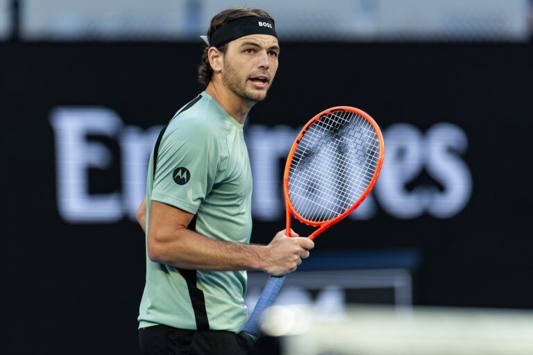 Taylor Fritz of United States in action against Vit Kopriva of Czech Republic in the second round of the mens singles at the Australian Open at John Cain Arena in Melbourne Park.