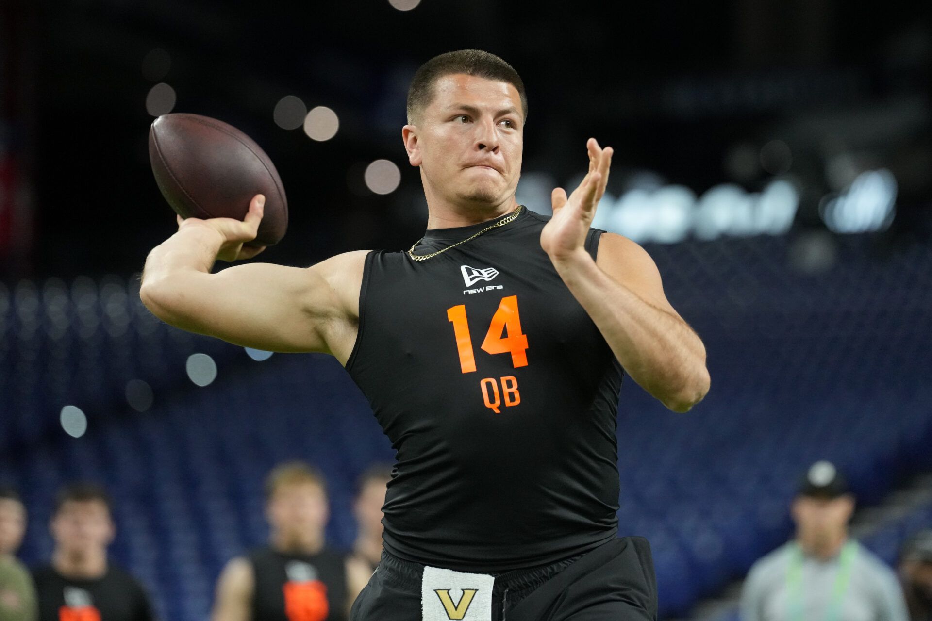 Vanderbilt quarterback Diego Pavia (QB14) during the NFL Scouting Combine at Lucas Oil Stadium.