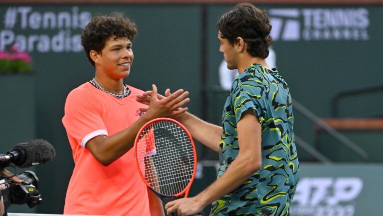Ben Shelton (USA) congratulates Taylor Fritz (USA) after winning their second round match in the BNP Paribas Open at the Indian Wells Tennis Garden.