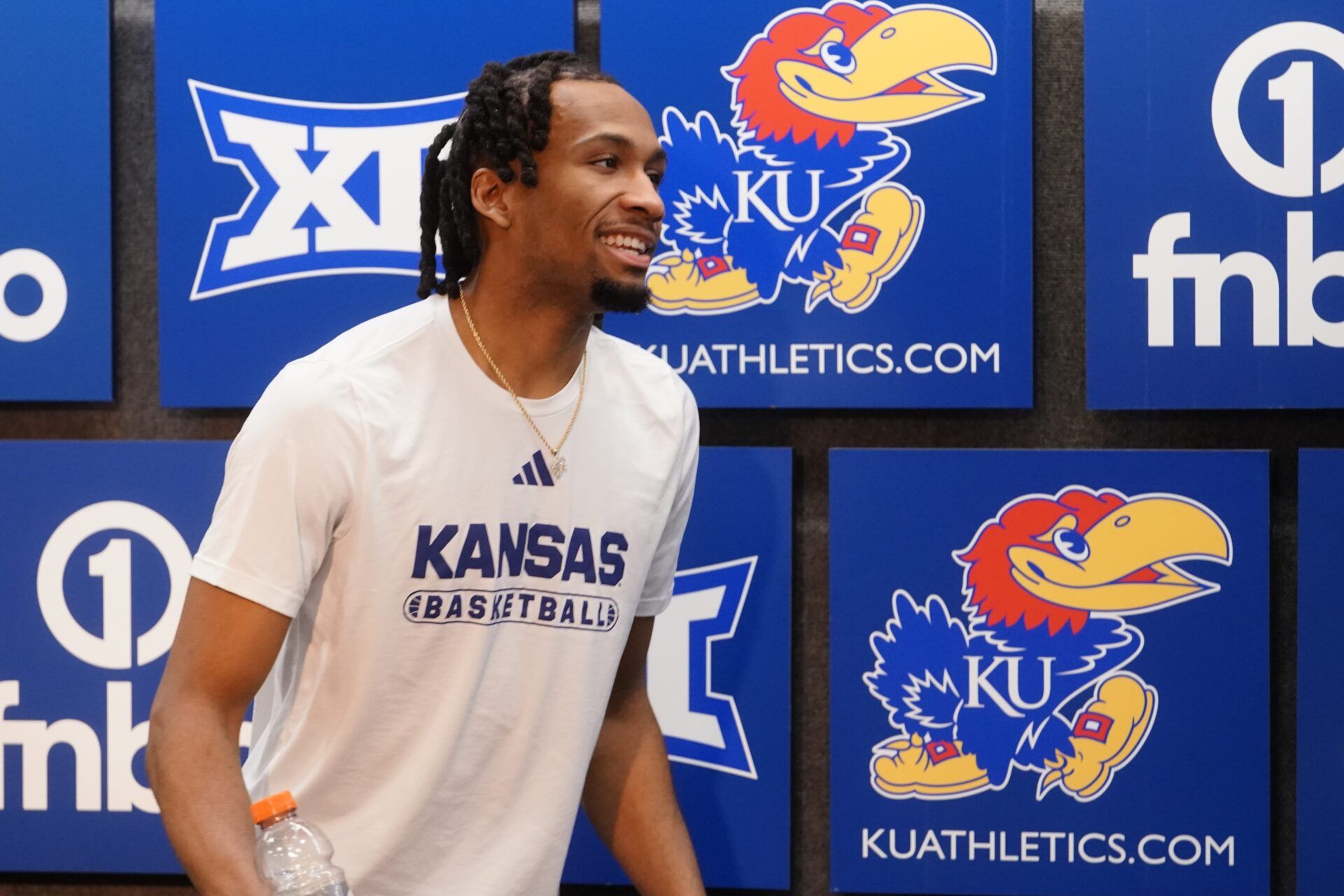 Kansas Jayhawks guard Darryn Peterson (22) walks away from a press conference following the game against Houston Cougars inside Allen Fieldhouse on Monday, Feb. 23, 2026.