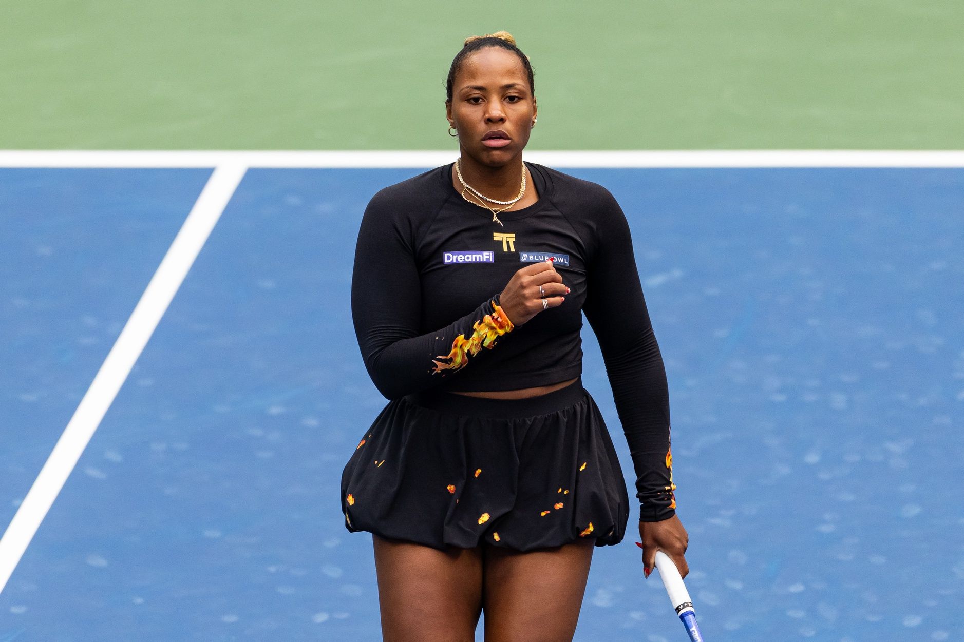 Taylor Townsend of the United States and Katerina Siniakova of Czech Republic in action against Venus Williams of the United States and Leylah Fernandez of Canada in the quarterfinal of the women’s doubles at the US Open at Louis Armstrong Stadium in Billie Jean King National Tennis Center.