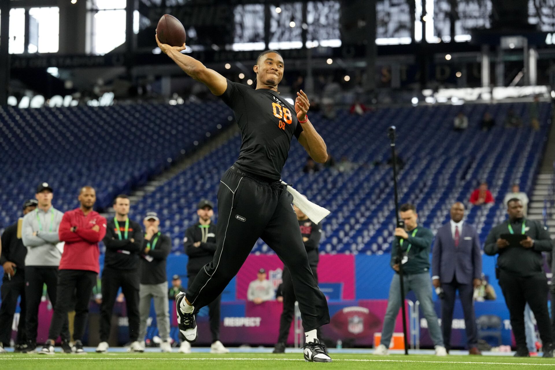 Arkansas quarterback Taylen Green (QB08) during the NFL Scouting Combine at Lucas Oil Stadium.