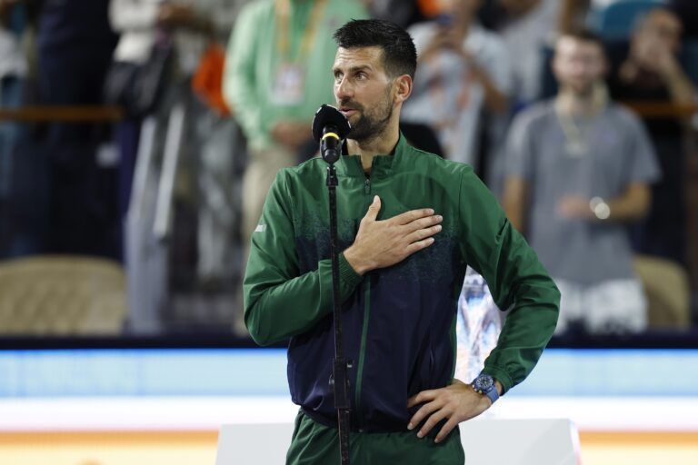 Novak Djokovic (SRB) speaks during the trophy ceremony after his match against Jakub Mensik (CZE)(not pictured) in the men's singles championship of the Miami Open at Hard Rock Stadium.
