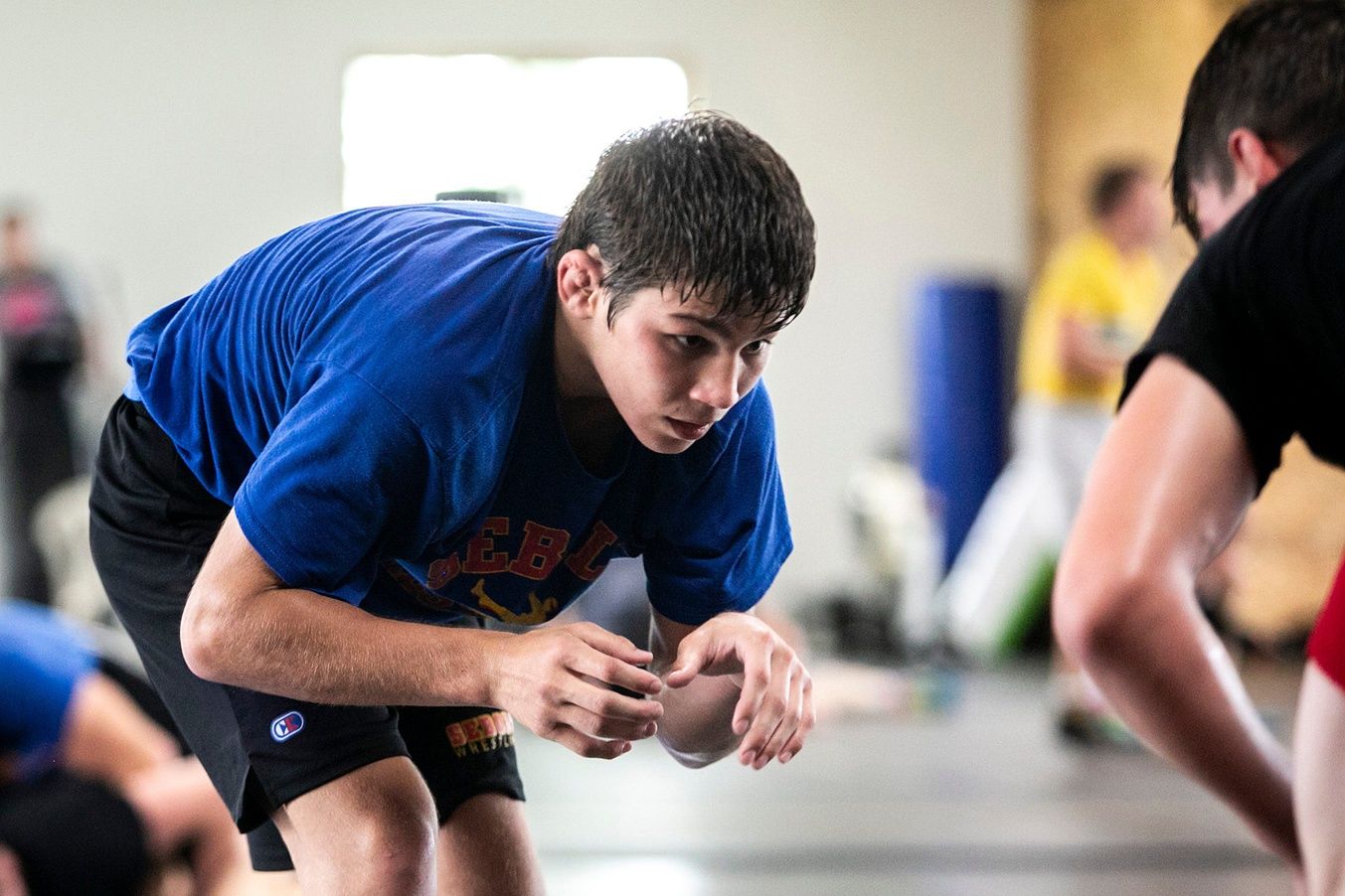 Nate Jesuroga, left, wrestles McKinley Robbins during a wrestling training camp, Thursday, July 8, 2021, in Iowa City, Iowa.

210708 Sebolt Wr 015 Jpg