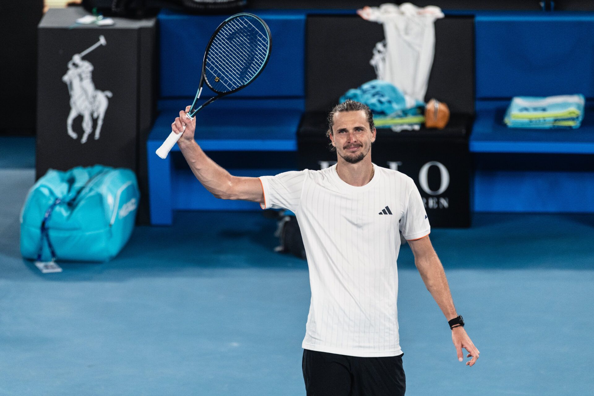 Alexander Zverev of Germany celebrates his victory over Learner Tien of United States in the quarterfinals of the mens singles at the Australian Open at Rod Laver Arena in Melbourne Park.