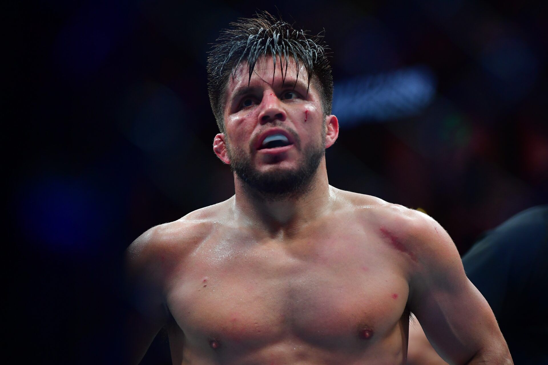 Henry Cejudo reacts during UFC 298 at Honda Center.