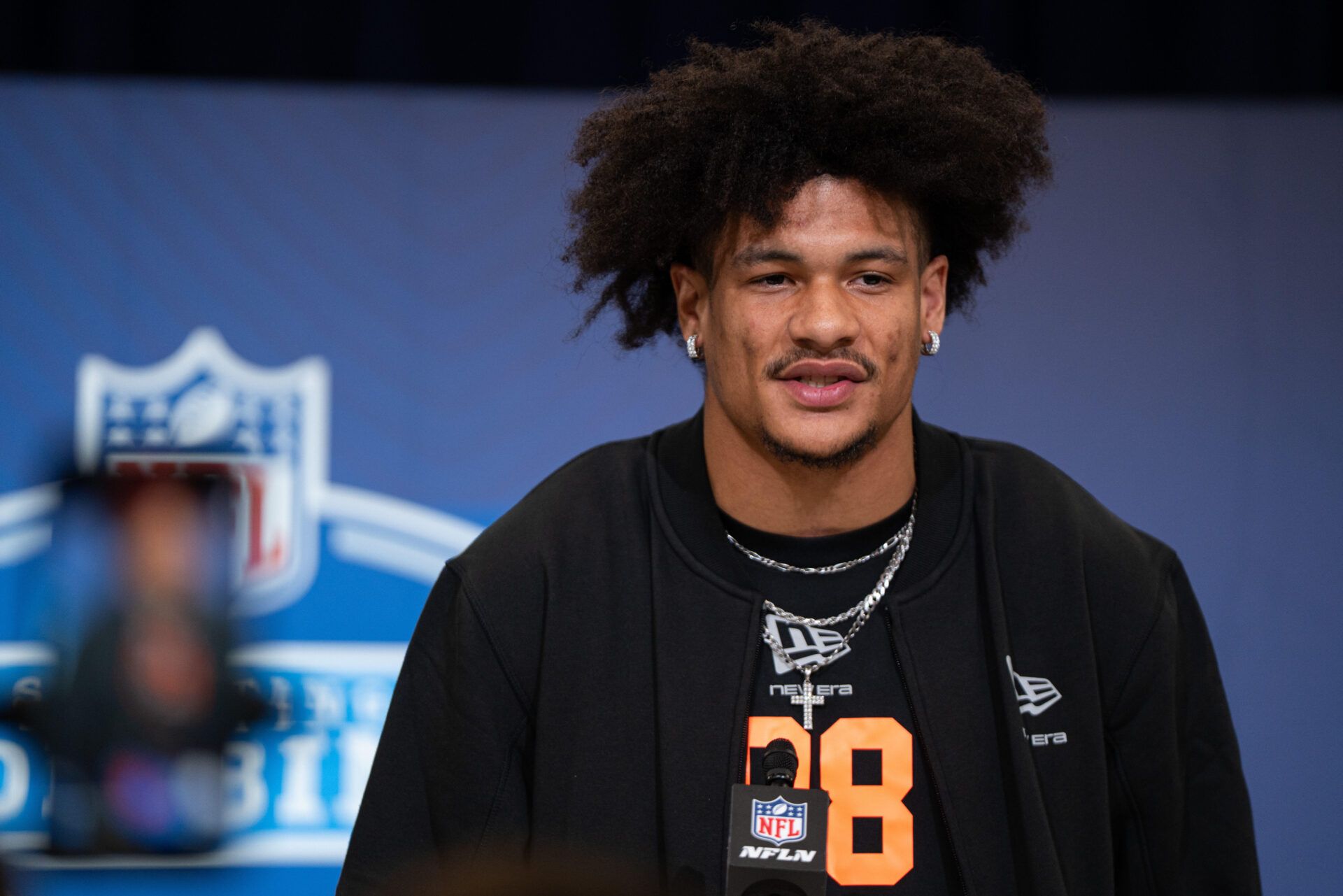Washington wideout Denzel Boston (WO08) speaks to members of the media during the NFL Combine at the Indiana Convention Center.