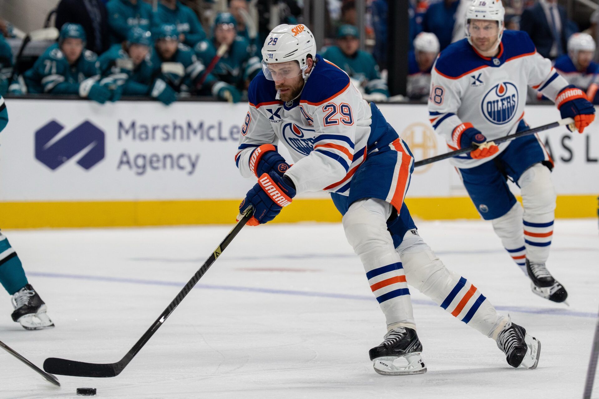 Edmonton Oilers center Leon Draisaitl (29) skates with the puck against the San Jose Sharks during the first period at SAP Center at San Jose.