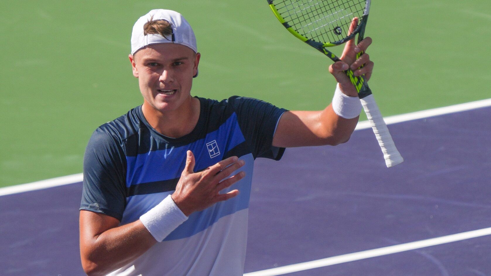 Holger Rune celebrates his men’s semifinal victory over Daniil Medvedev during the BNP Paribas Open in Indian Wells, Calif., March 15, 2025.