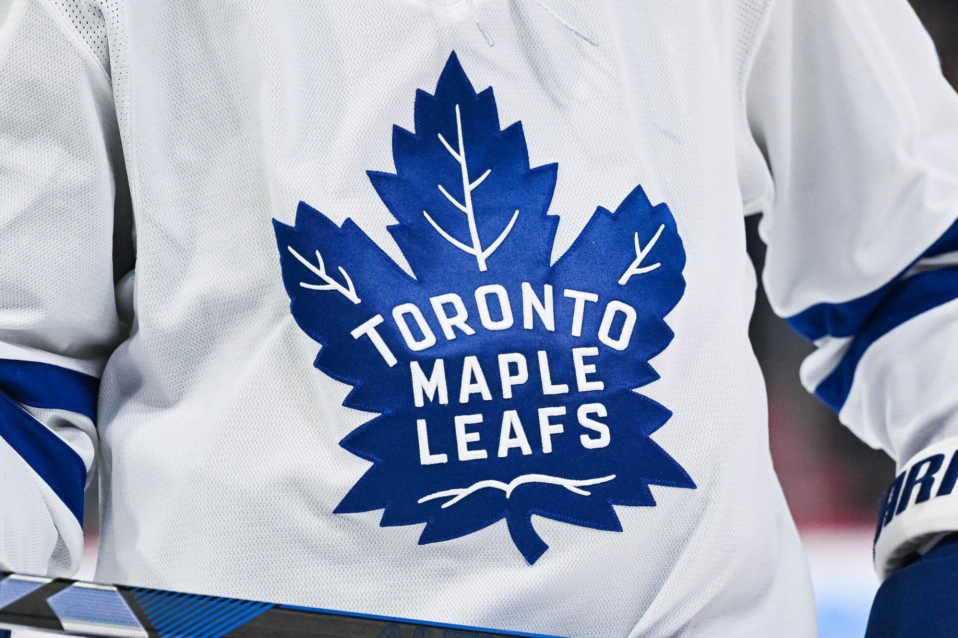 View of a Toronto Maple Leafs logo on a jersey worn by a member of the team during the second period at Bell Centre.