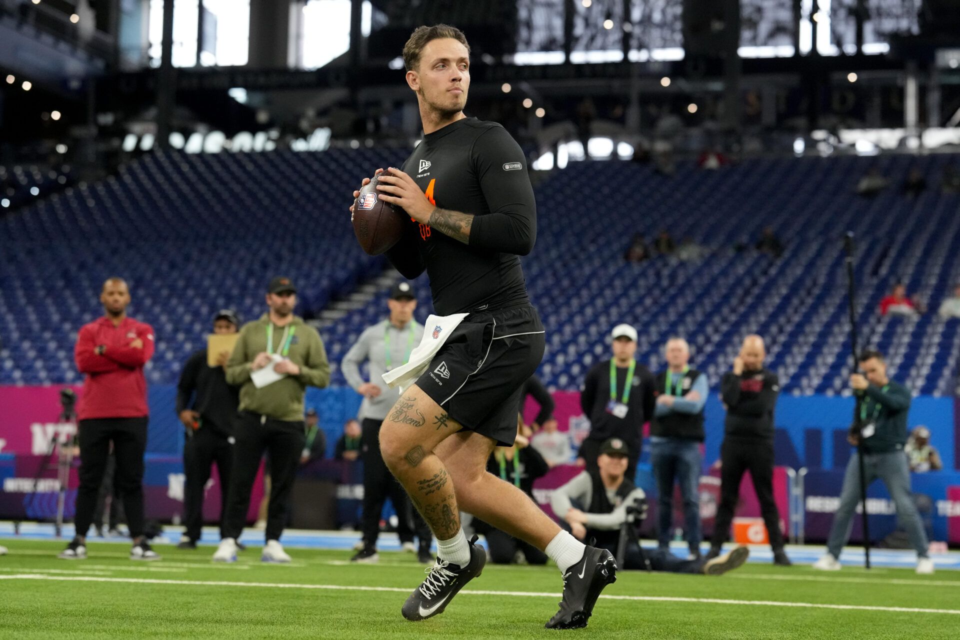Miami quarterback Carson Beck (QB04) during the NFL Scouting Combine at Lucas Oil Stadium.