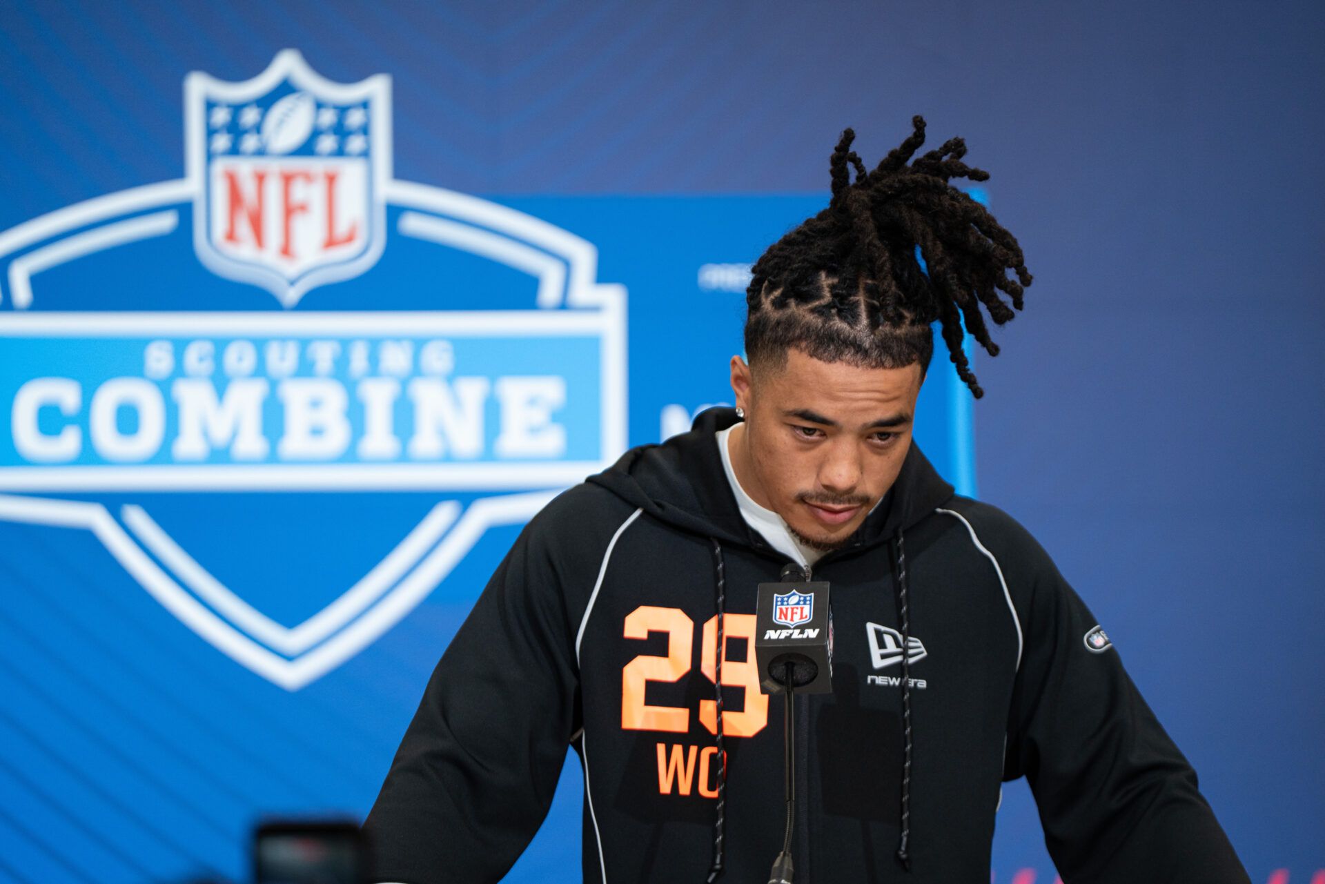 Southern California wideout Makai Lemon (WO29) speaks to members of the media during the NFL Combine at the Indiana Convention Center.