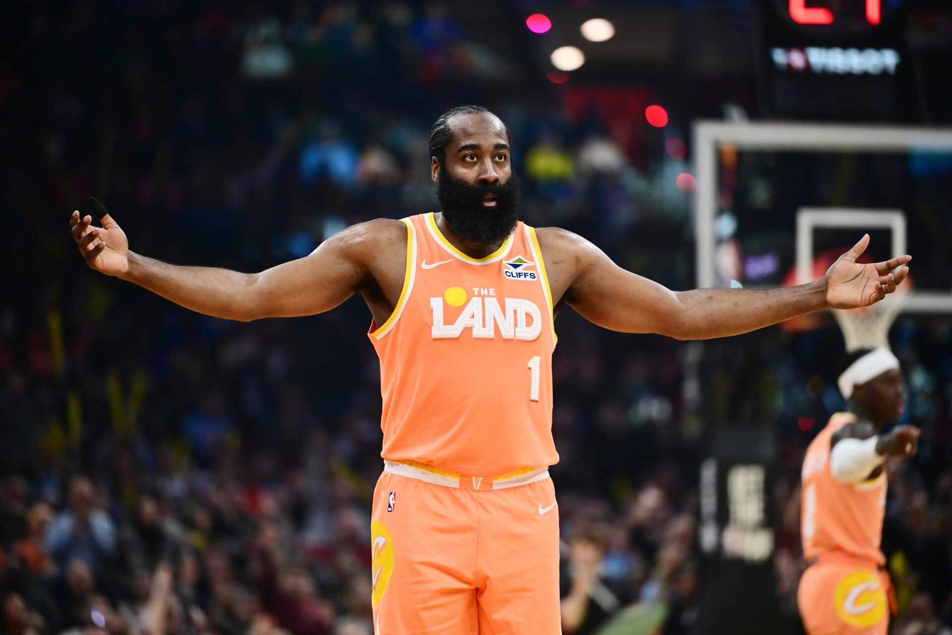 Cleveland Cavaliers guard James Harden (1) celebrates after hitting a three point basket against the New York Knicks during the second half at Rocket Arena.