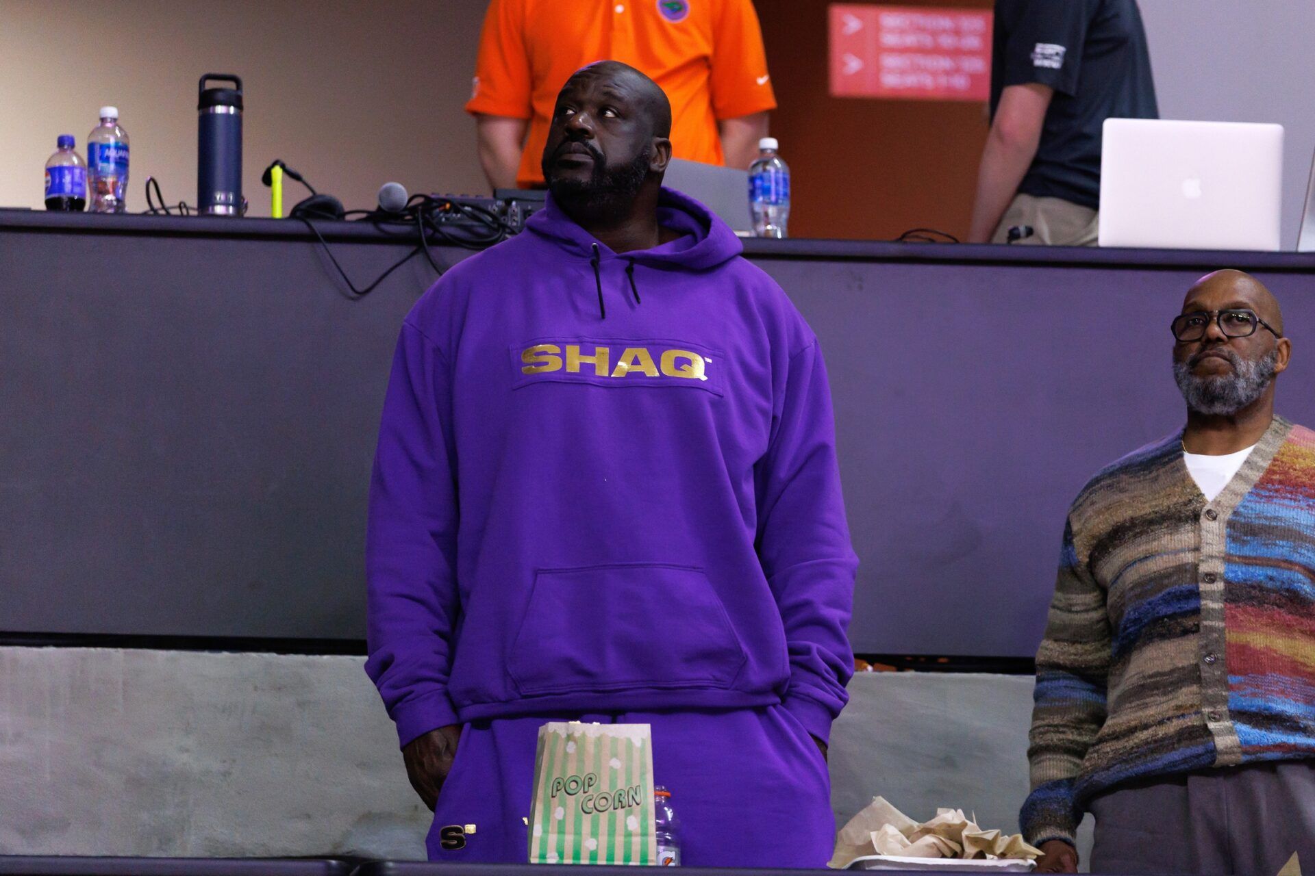 Former NBA center Shaquille O’Neal watches the game from the stands during the first half between the Florida Gators and the Texas Longhorns at Exactech Arena at the Stephen C. O'Connell Center.