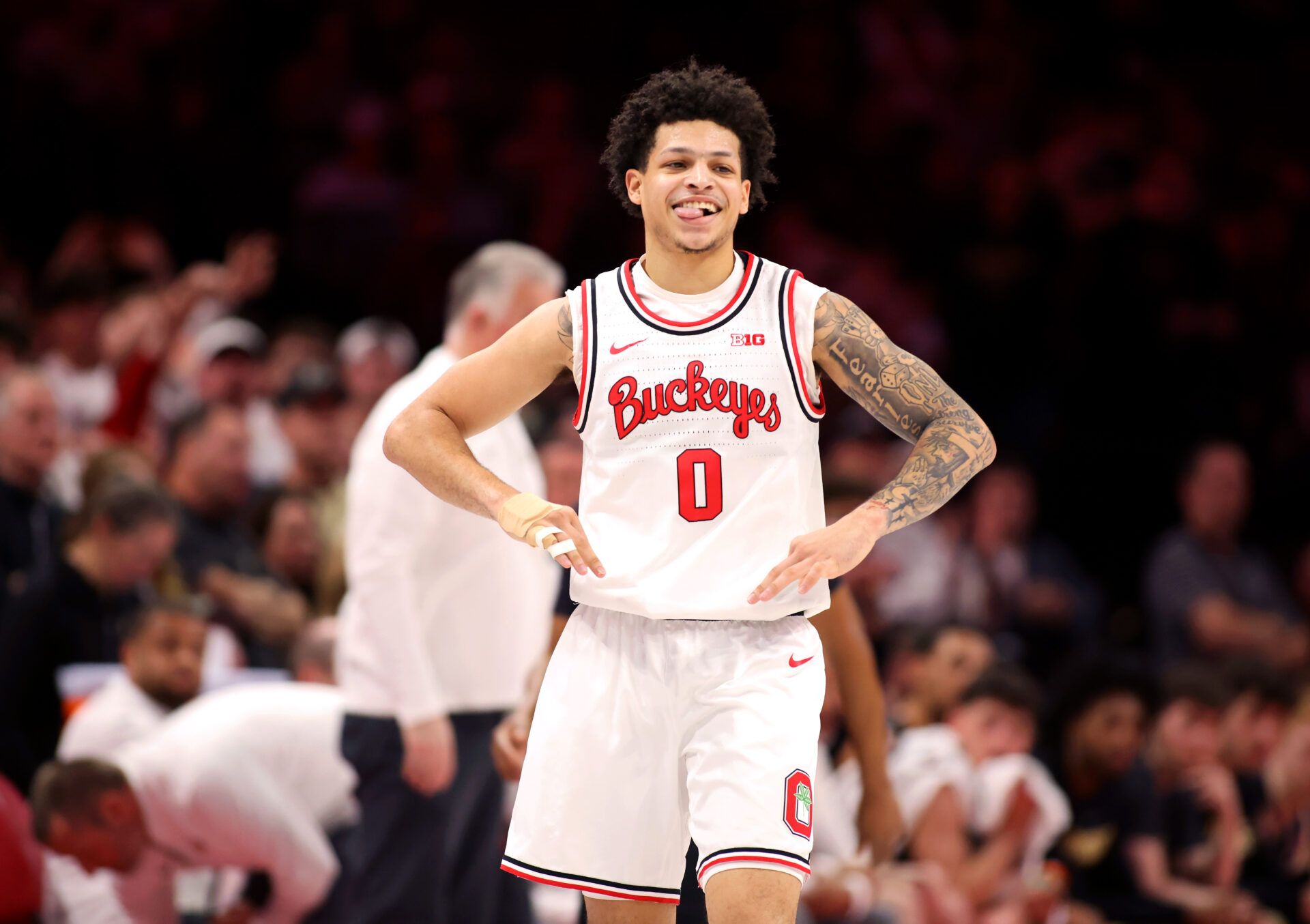 Ohio State Buckeyes guard John Mobley Jr. (0) celebrates during the second half against the Purdue Boilermakers at Value City Arena.