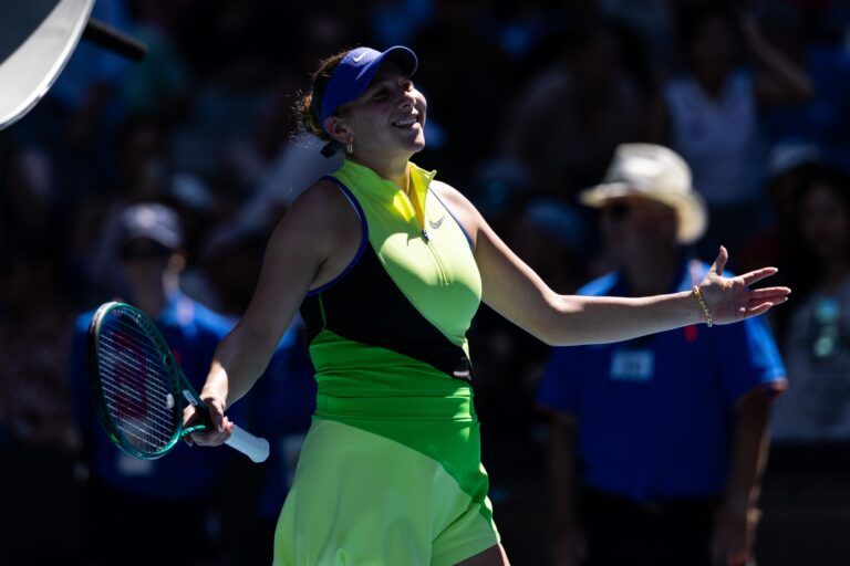 Amanda Anisimova of United States celebrates her victory over Xinyu Wang of China in the fourth round of the womens singles at the Australian Open at John Cain Arena in Melbourne Park.