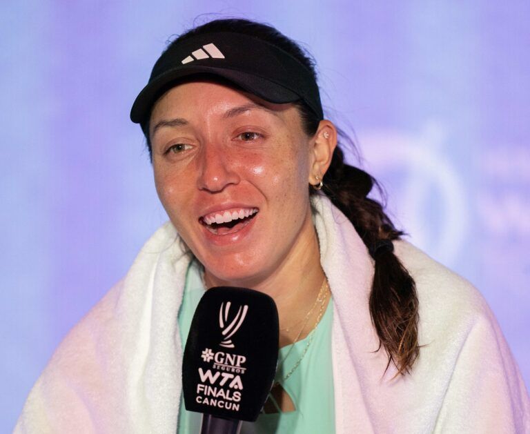 Jessica Pegula (USA) in her press conference after her match against Aryna Sabalenka on day three of the GNP Saguaros WTA Finals Cancun.