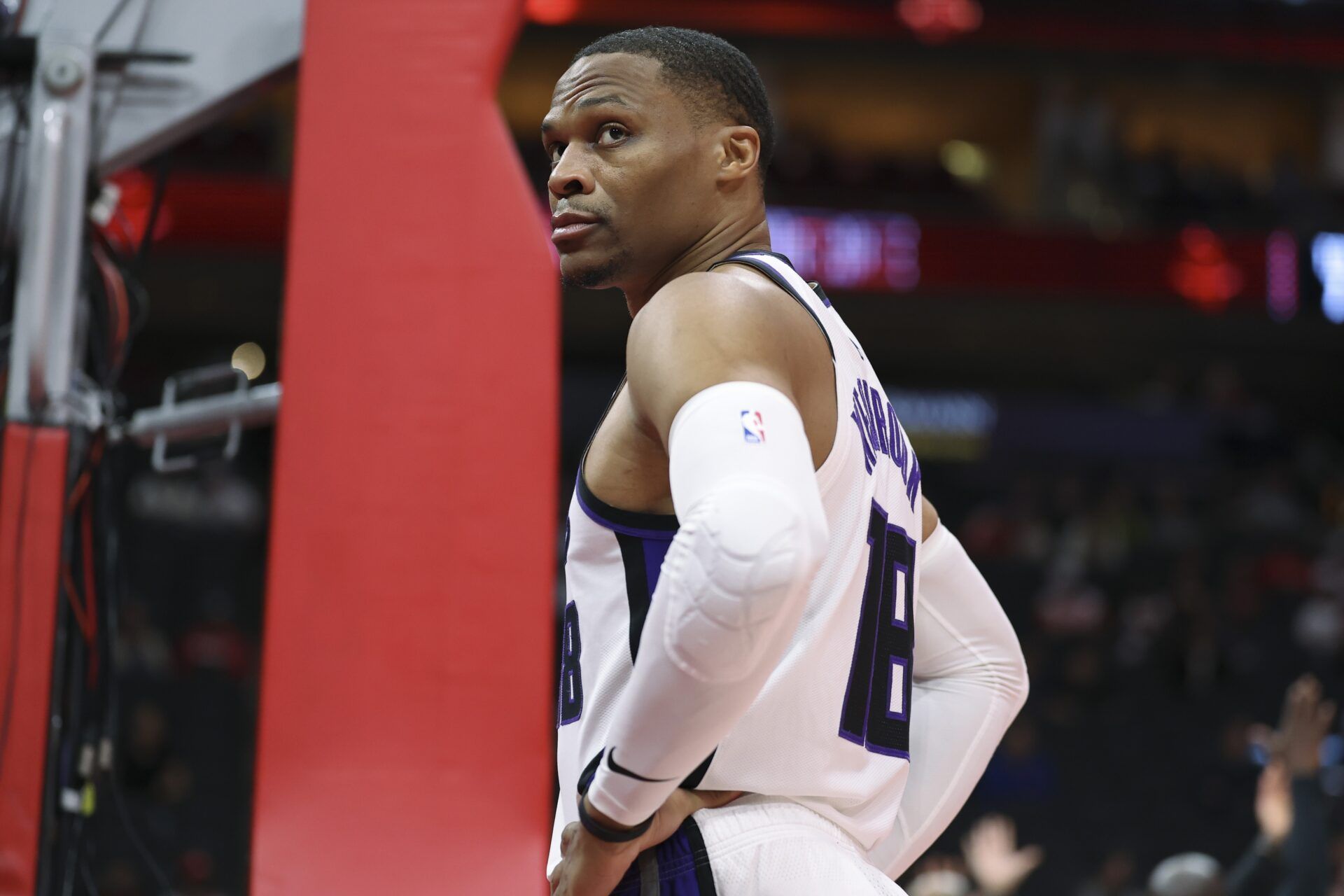 Sacramento Kings guard Russell Westbrook (18) looks towards the crowd before the start of the game against the Houston Rockets at Toyota Center.