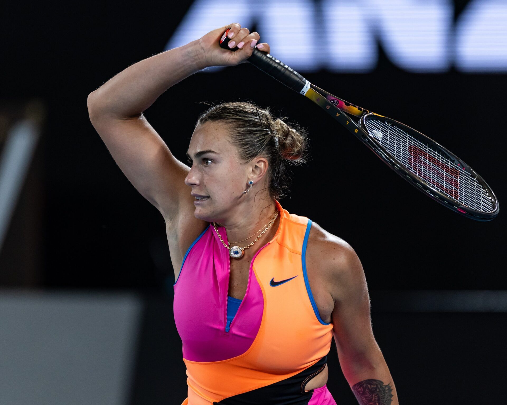 Aryna Sabalenka in action against Elena Rybakina of Kazakhstan in the final of the womens singles at the Australian Open at Rod Laver Arena in Melbourne Park.