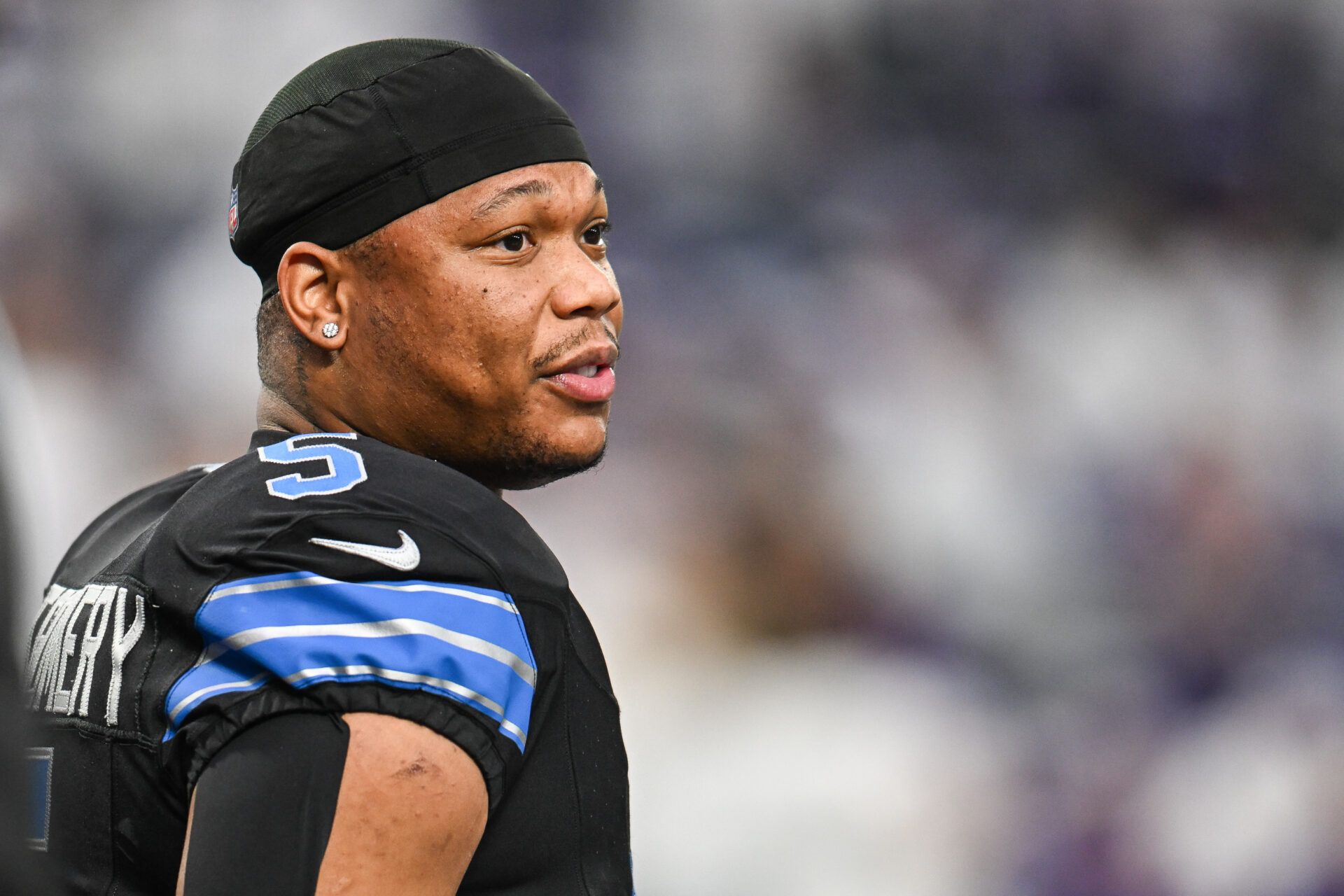 Detroit Lions running back David Montgomery (5) looks on before the game against the Minnesota Vikings at U.S. Bank Stadium.