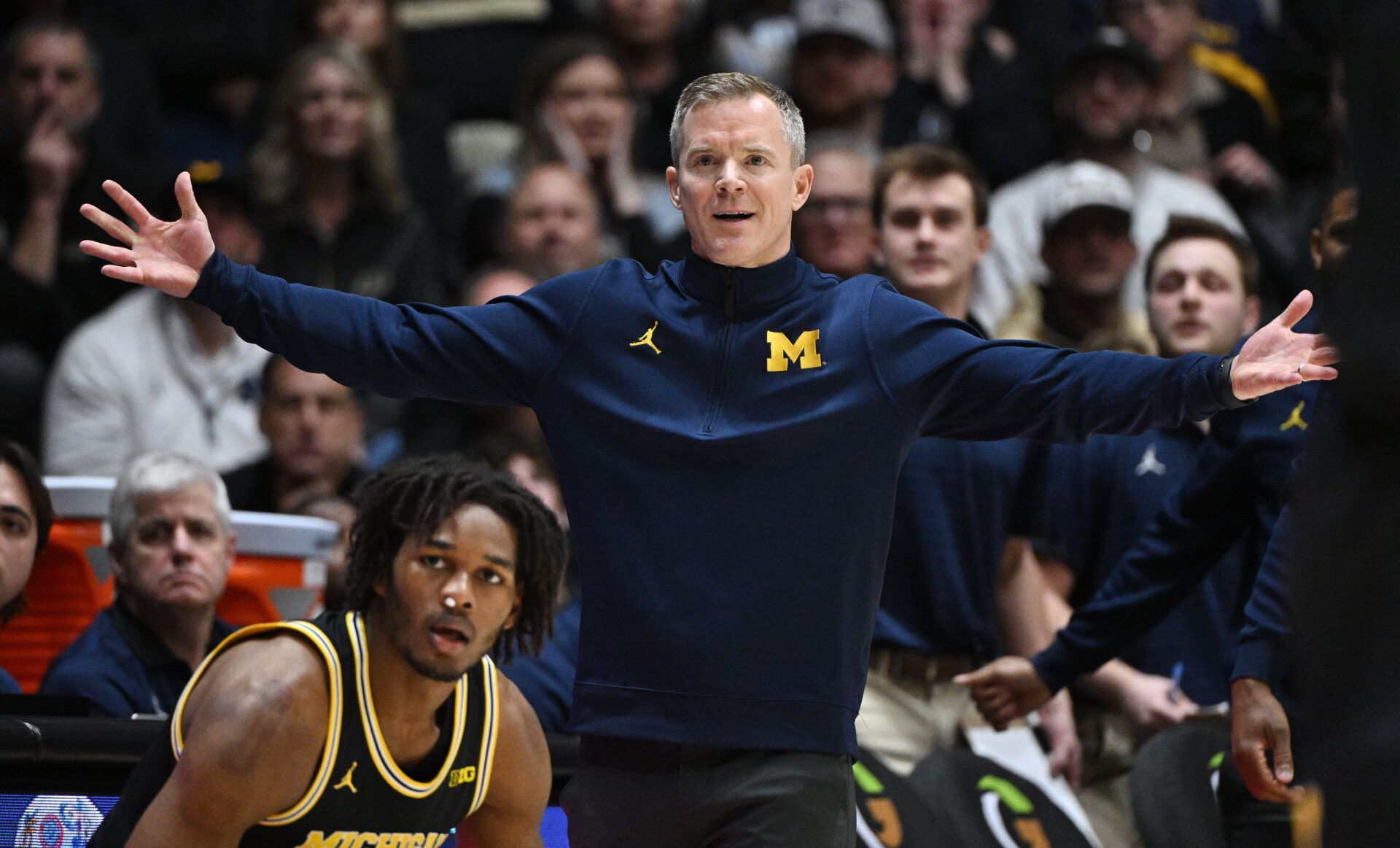 Michigan Wolverines head coach Dusty May reacts to a call during the first half against the Purdue Boilermakers at Mackey Arena.