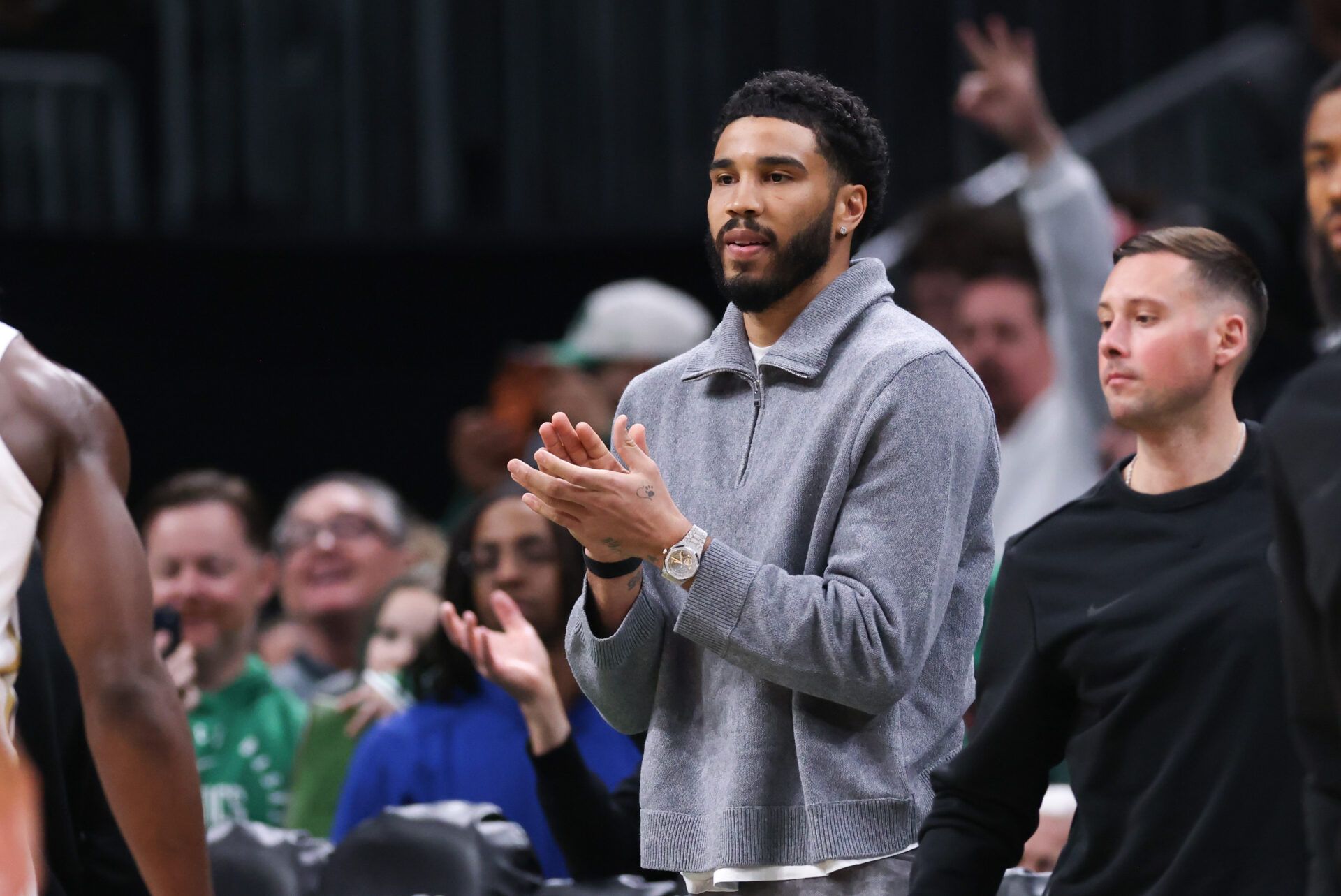 Boston Celtics forward Jayson Tatum (0) reacts during the first half against the Philadelphia 76ers at TD Garden.