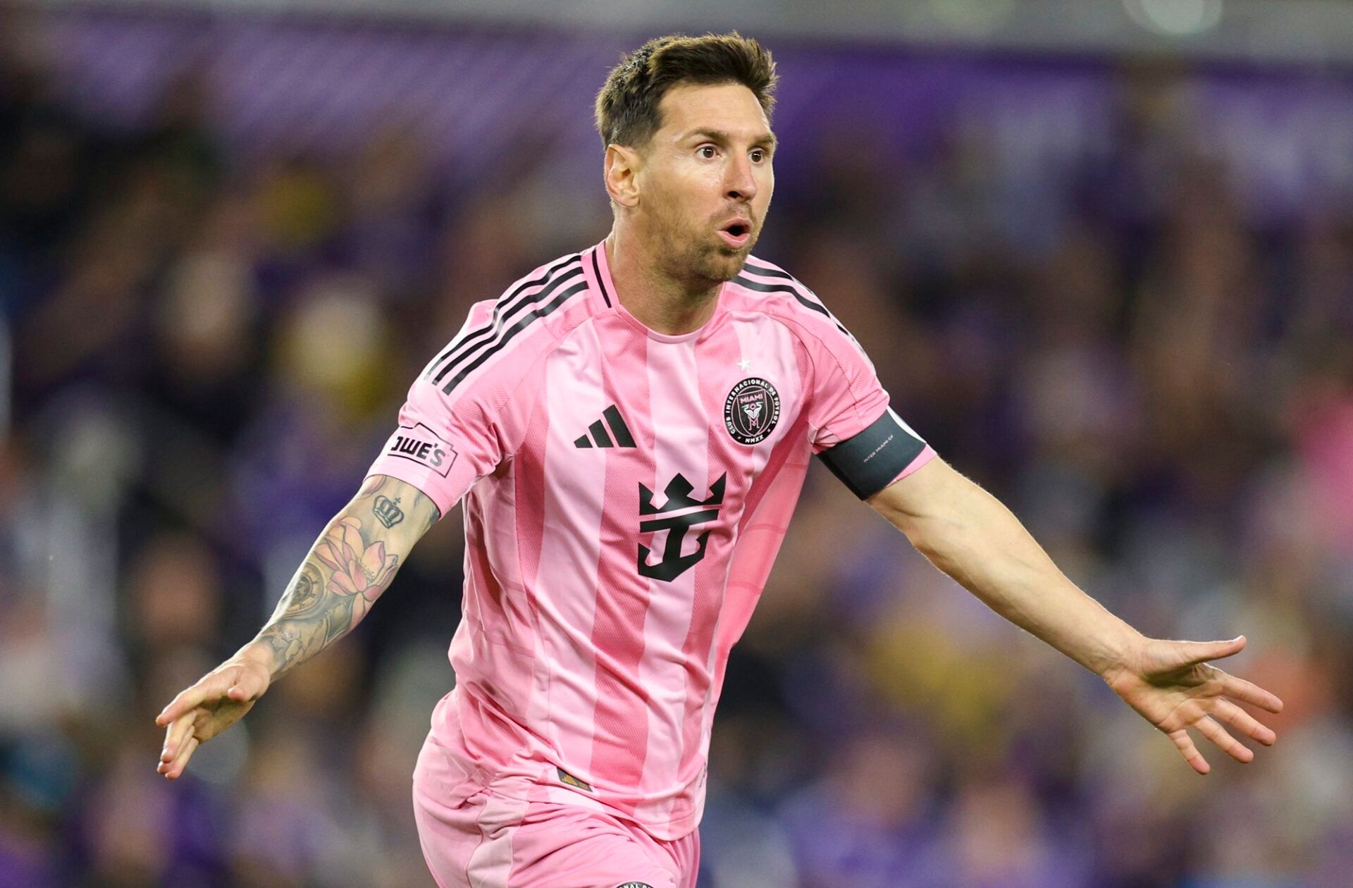 Inter Miami CF forward Lionel Messi (10) reacts after scoring a goal against Orlando City in the second half at Inter&Co Stadium.