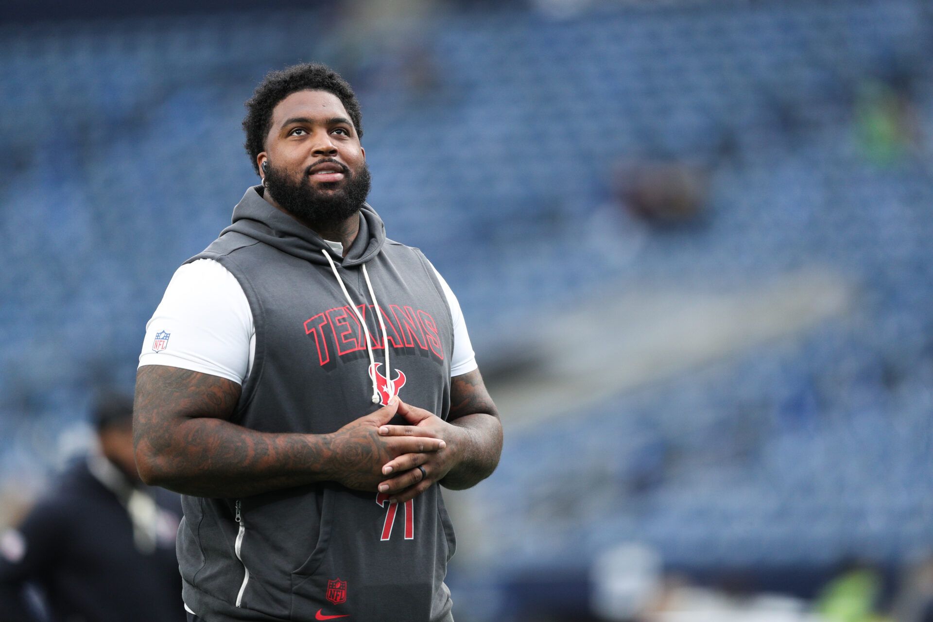 Houston Texans offensive tackle Tytus Howard (71) warms up before the game against the Seattle Seahawks at Lumen Field.