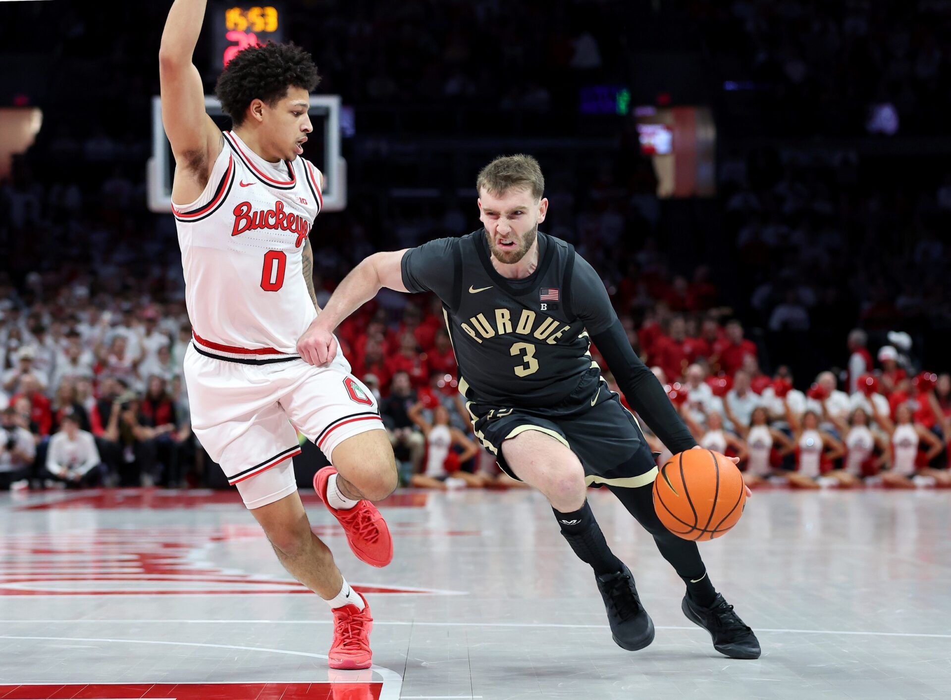 Purdue Boilermakers guard Braden Smith (3) drives to the basket as Ohio State Buckeyes guard John Mobley Jr. (0) defends during the first half at Value City Arena.