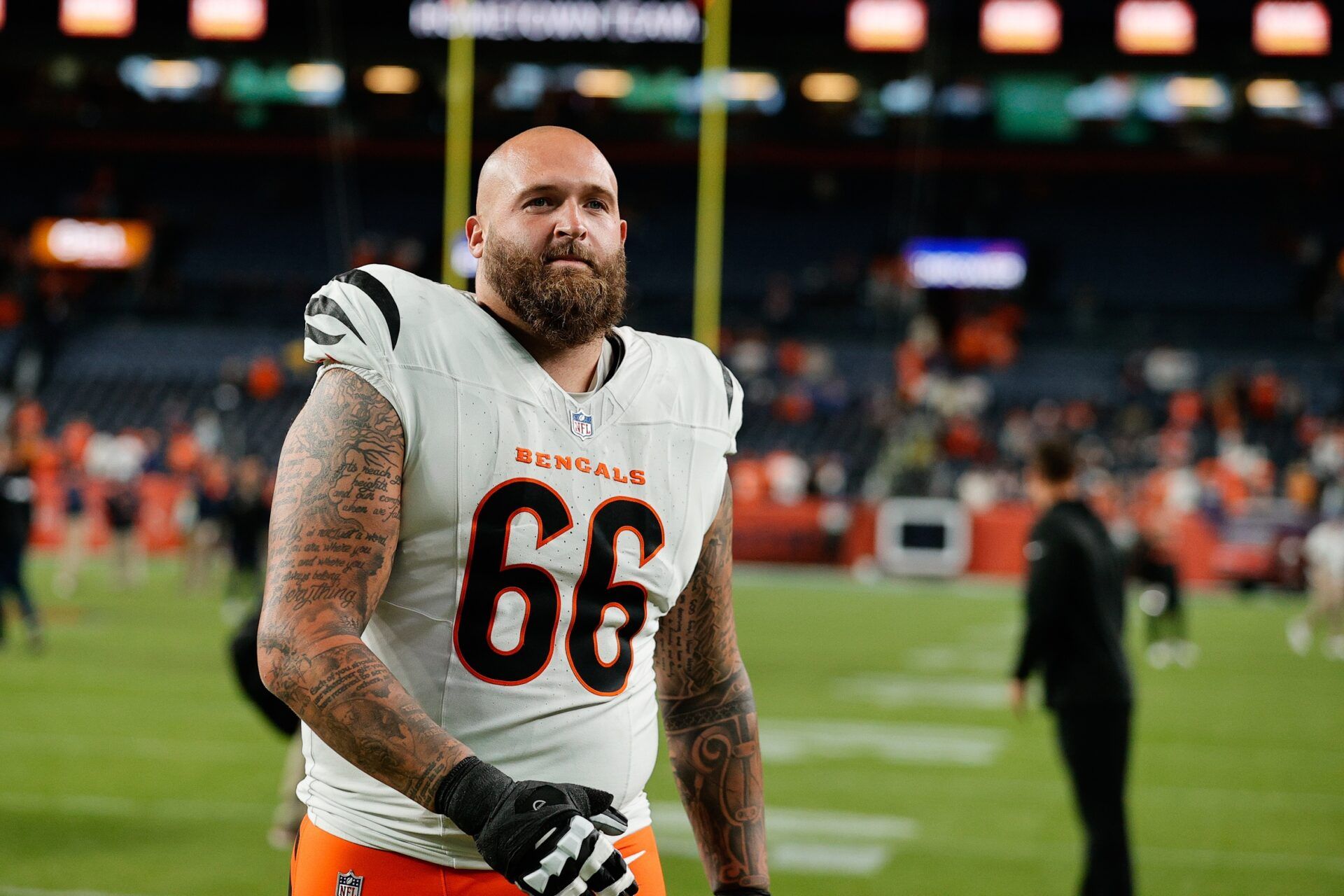 Cincinnati Bengals guard Dalton Risner (66) looks on after the game against the Denver Broncos at Empower Field at Mile High.